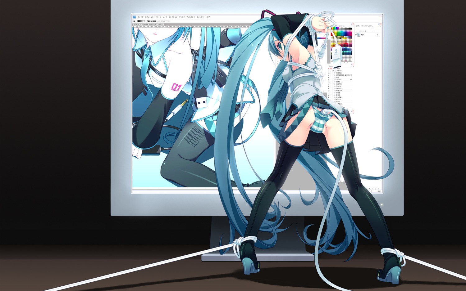 1girl 1girls anal_insertion aqua_eyes aqua_hair armpits ass bondage boots detached_sleeves female full_body hatsune_miku high_heels legs long_hair monitor murakami_suigun necktie panties restrained rule34 screen sex_toy skirt skirt_lift solo standing striped striped_panties thigh_boots thighhighs tied_hair twintails underwear very_long_hair vocaloid zettai_ryouiki zoom_layer