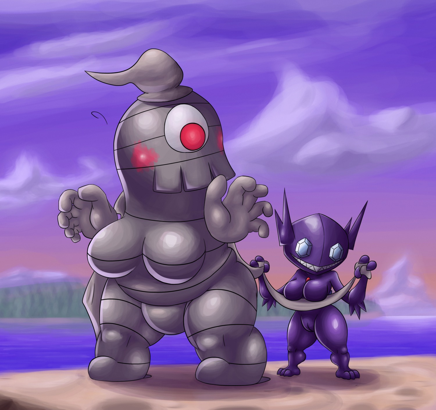 3_fingers 3_toes beach blush breasts cloud detailed_background duo dusclops e621 featureless_breasts featureless_crotch feet female fingers floating_hands generation_3_pokemon genitals ghost hi_res nintendo nude ole outside pokemon pokemon_(species) sableye seaside shortstack sky spirit thick_thighs toes vulva wraps