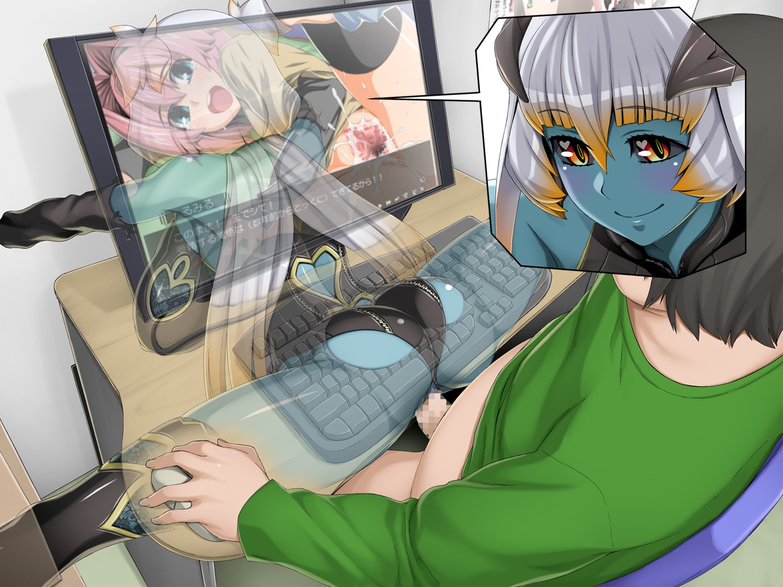 ass black_sclera blue_skin blush breasts butakoma_300g censored demon demon_girl female heart highres horns huge_breasts pussy pyurachri rule34 sex vaginal_penetration white_hair yellow_eyes
