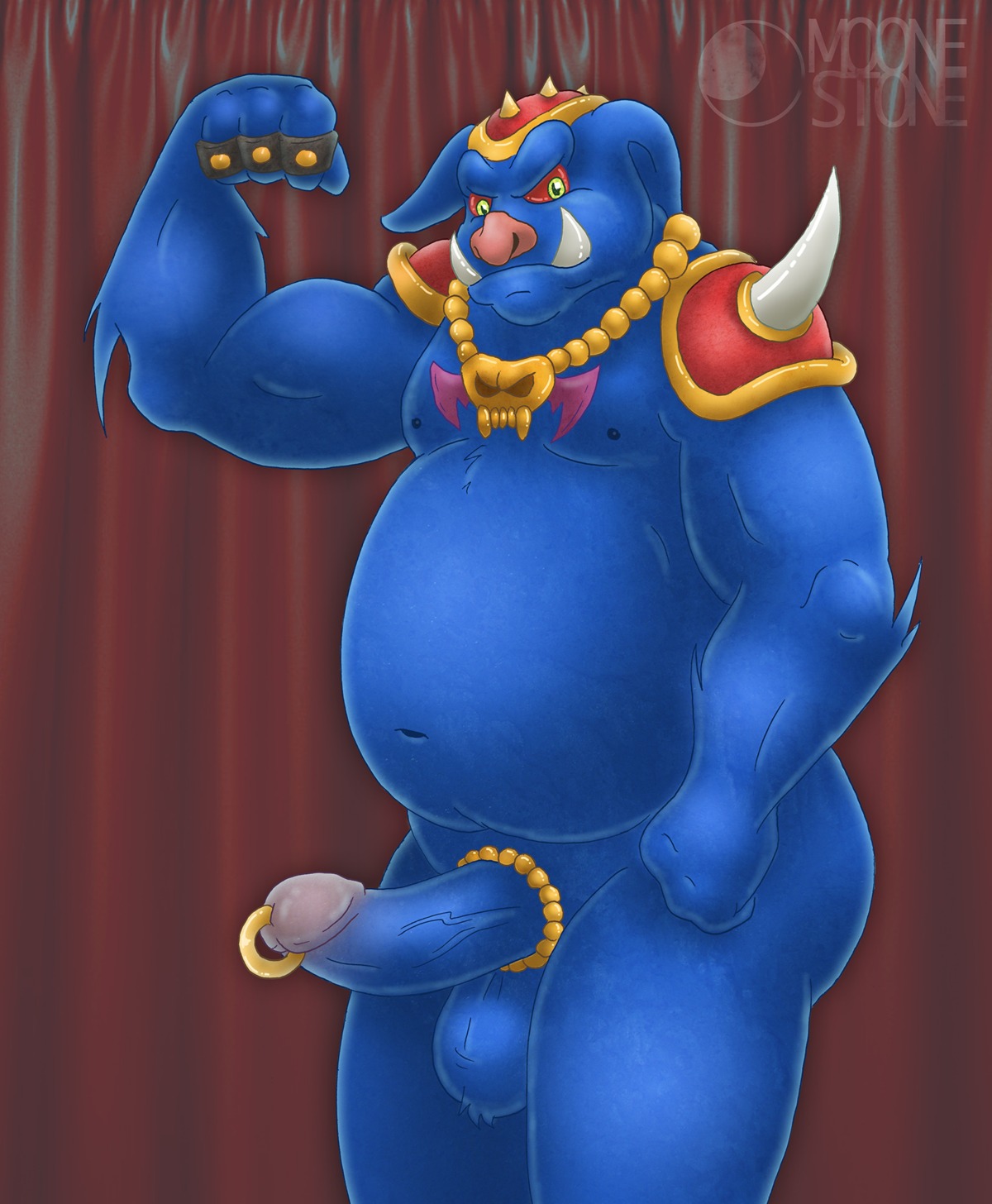 2014 accessory anthro balls blue_body blue_fur cock_ring domestic_pig e621 erection flexing fur ganon genital_piercing genitals green_eyes hi_res jewelry looking_at_viewer male mammal moonestone muscular muscular_male nintendo penis penis_accessory penis_jewelry penis_piercing piercing prince_albert_piercing slightly_chubby solo suid suine sus_(pig) the_legend_of_zelda