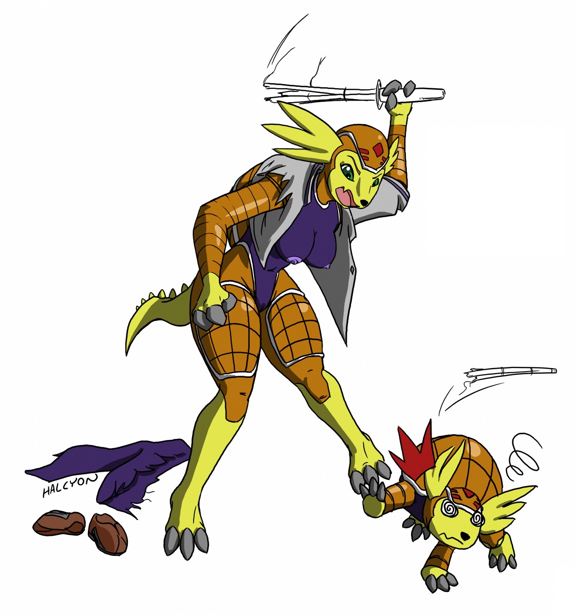 2girls angry anthro armadillo armadillomon breasts digimon digimon_(species) digimon_adventure_02 female feral iori_hida open_mouth pussy rule34 rule_63 tagme tail transformation