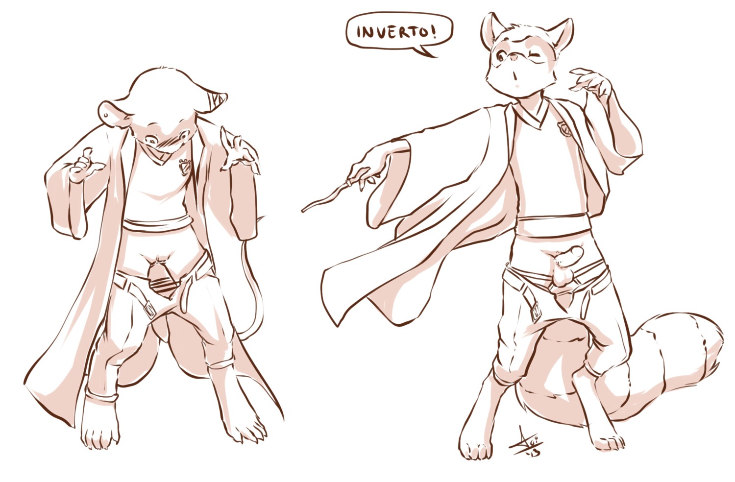 2013 anthro aogami balls blush bottomwear bottomwear_down clitoris clothed clothing dialogue digital_media_(artwork) duo e621 english_text erection female genitals hi_res line_art magic male one_eye_closed open_mouth pants pants_down partially_clothed penis shaded simple_background text vulva wand white_background young young_anthro