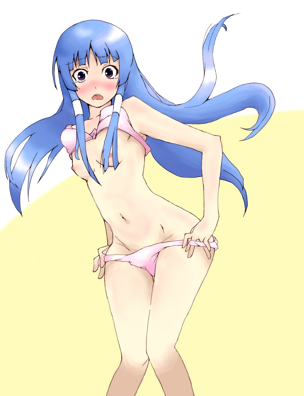 1girls blue_hair blush bra breasts embarrassed female kannagi long_blue_hair long_hair nagi panties pink_bra pink_panties rule34 small_breasts stripping tagme undressing