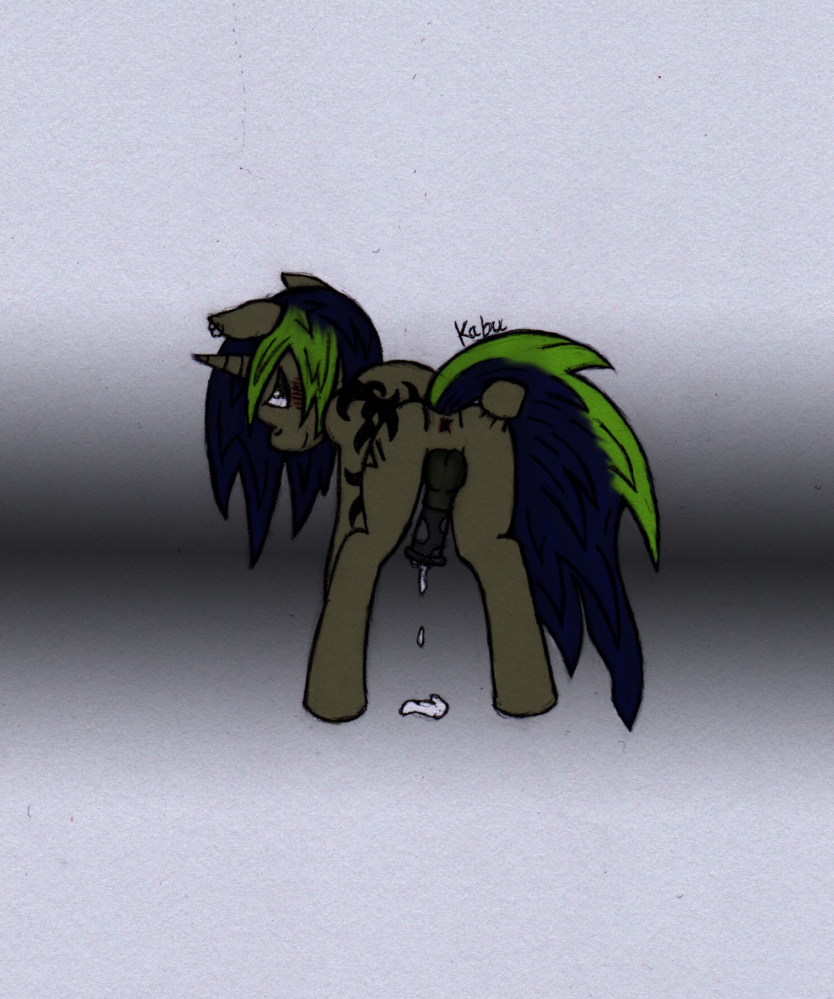 anus black_hair bodily_fluids butt cum e621 ear_piercing equid equine erection fan_character genital_fluids genitals green_eyes green_hair grey_body hair hasbro hi_res horn kabu kabu0141 looking_at_viewer looking_back male mammal multicolored_hair my_little_pony mythological_creature mythological_equine mythology nude penis piercing solo tail two_tone_hair unicorn