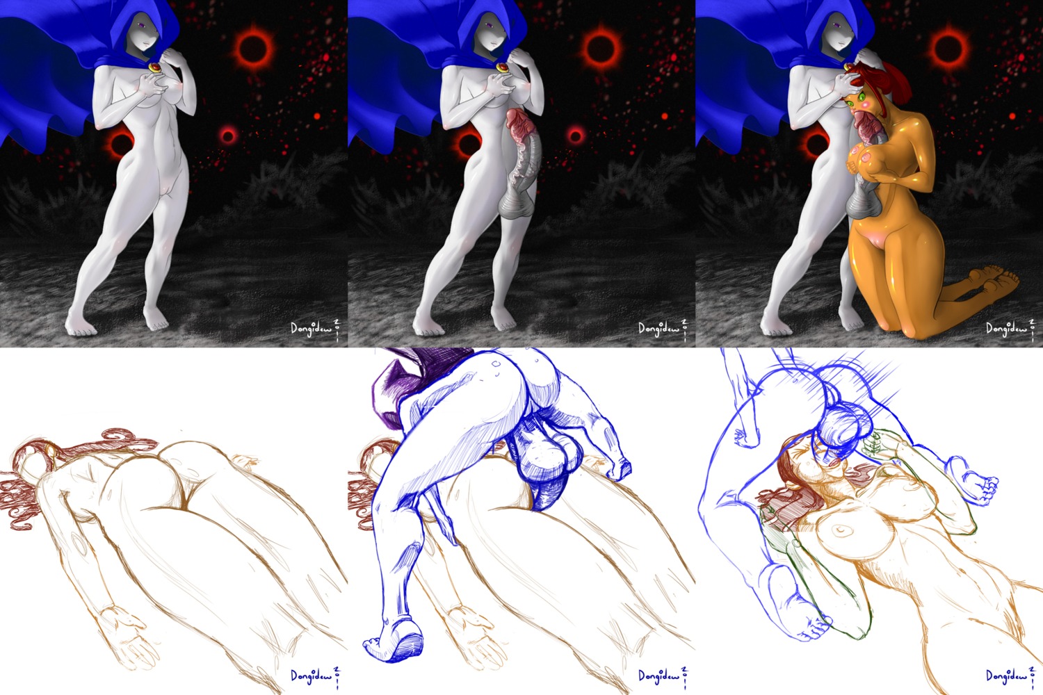 dc dc_comics dongidew fellatio female forced_fellatio male oral penetration penis rachel_roth raven_(dc) rule34 signature sketch starfire straight_hair teen_titans text