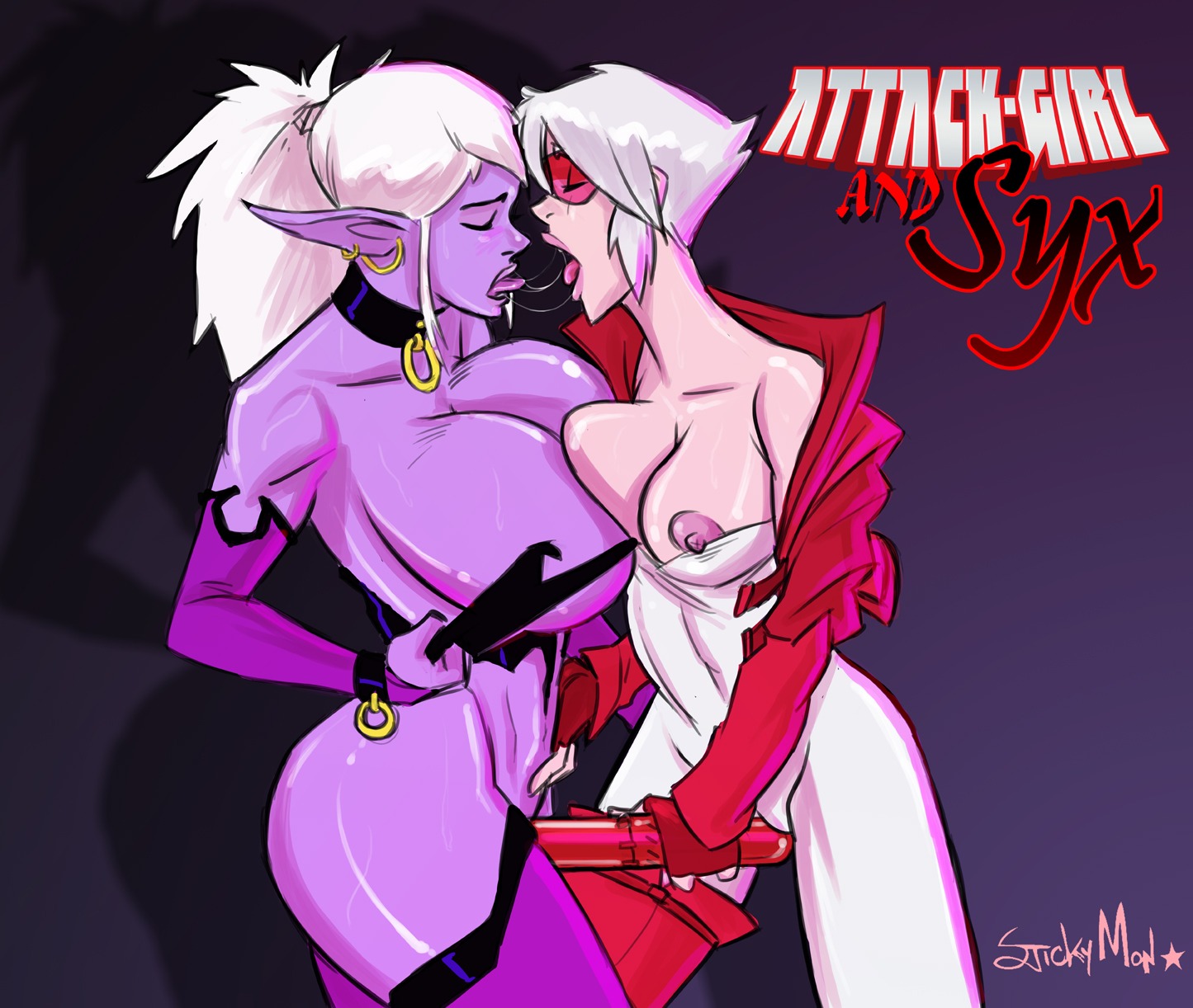 areola armwear attack_girl_(character) big_breasts bodily_fluids breast_squish breasts clothing collar dark_elf dildo duo e621 ear_piercing elbow_gloves elf english_text erect_nipples eyes_closed eyewear female female/female fingerless_gloves genitals glasses glistening gloves hair handwear hi_res holding_object holding_sex_toy huge_breasts human human_on_humanoid humanoid humanoid_pointy_ears interspecies kissing legwear mammal nipples not_furry nude piercing pointy_ears purple_body purple_skin rubbing saliva saliva_string sex_toy short_hair side_view squish standing stickymon stockings syx text tongue undressing vibrator vulva wet white_hair