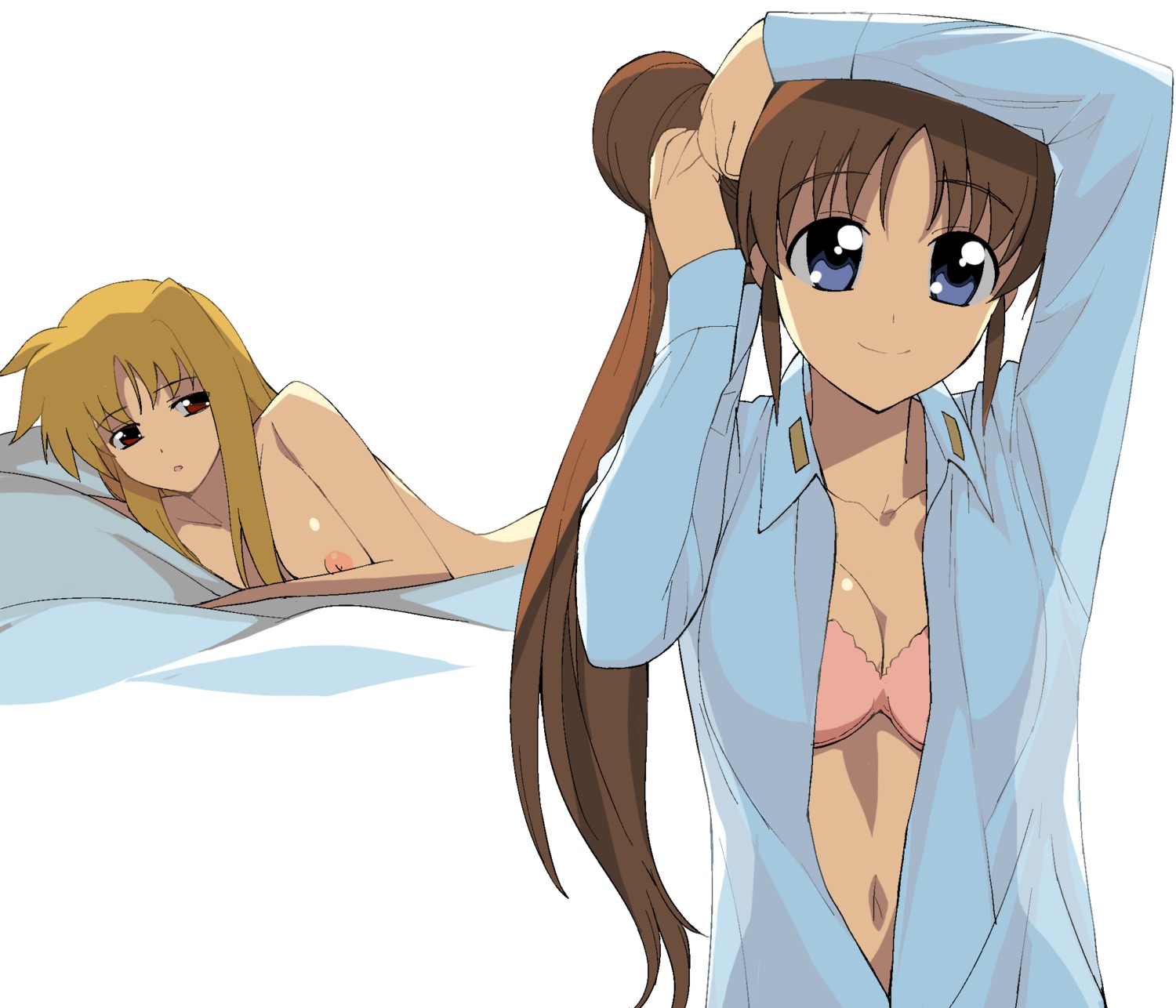 a1 adjusting_hair blonde_hair blue_eyes bra breasts brown_hair fate_testarossa female highres lingerie long_hair lyrical_nanoha mahou_shoujo_lyrical_nanoha mahou_shoujo_lyrical_nanoha_strikers multiple_females multiple_girls nanoha_takamachi nearly_naked_shirt nipples nude open_clothes open_shirt purple_eyes red_eyes rule34 see-through shirt takamachi_nanoha underwear white_shirt yuri