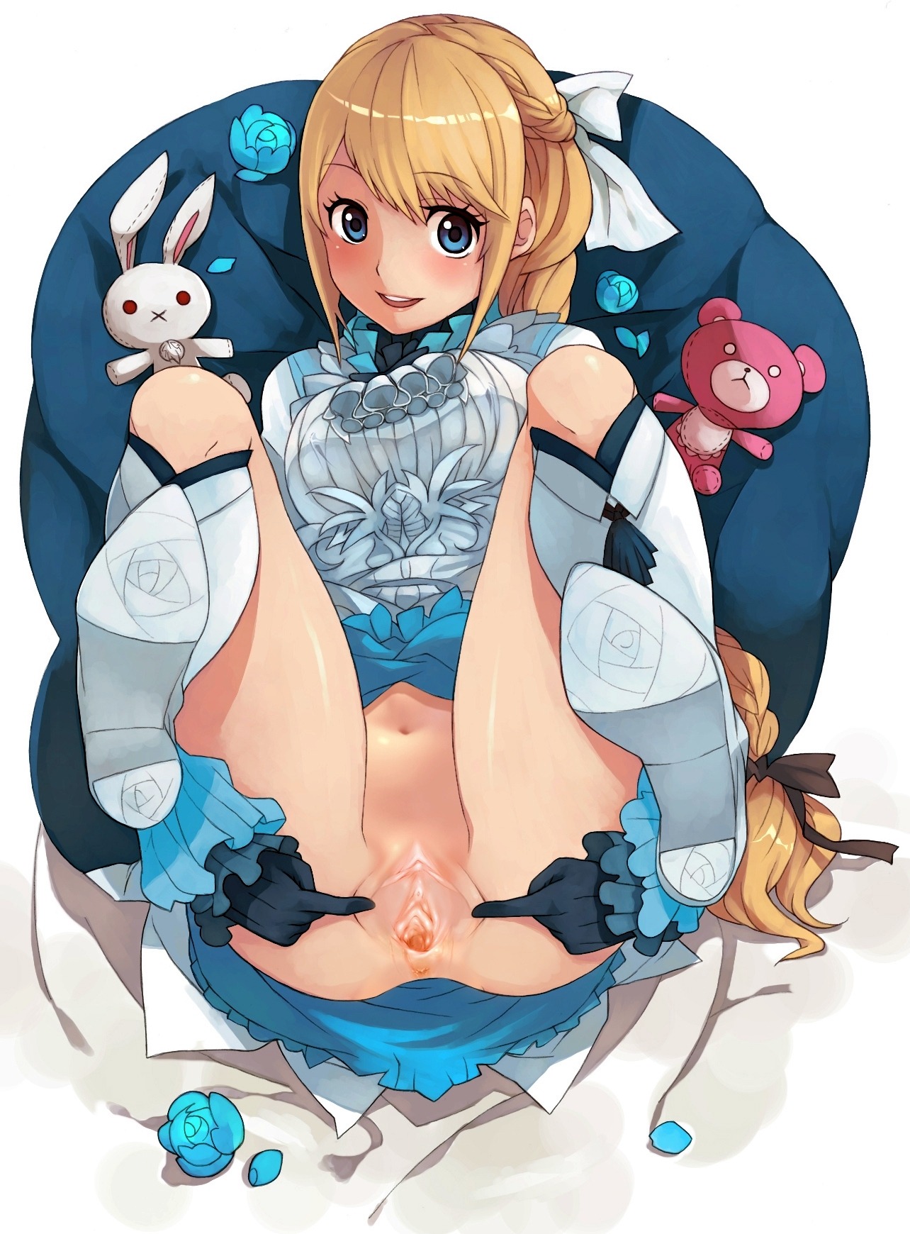 1girls artist_request ass blonde_hair blush boots bottomless clitoris dress_lift female female_only flower gloves granado_espada highres labia no_panties petals pussy pussy_juice ribbon rule34 skirt_lift solo source_request spread_legs spread_pussy stuffed_animal uncensored valleria_(granado_espada)