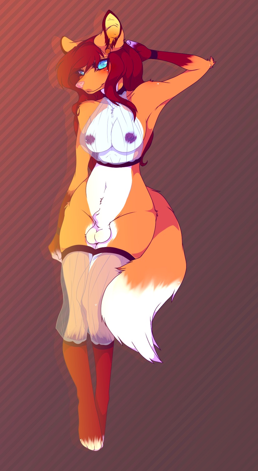 animal_genitalia anthro balls big_ears biped blue_eyes breasts canid canine clothing dipstick_tail e621 estelle fennec_fox fox fully_sheathed genitals gynomorph hair hi_res intersex lingerie looking_at_viewer mammal markings nipples red_hair sheath solo tail tail_markings teil translucent translucent_clothing true_fox wide_hips