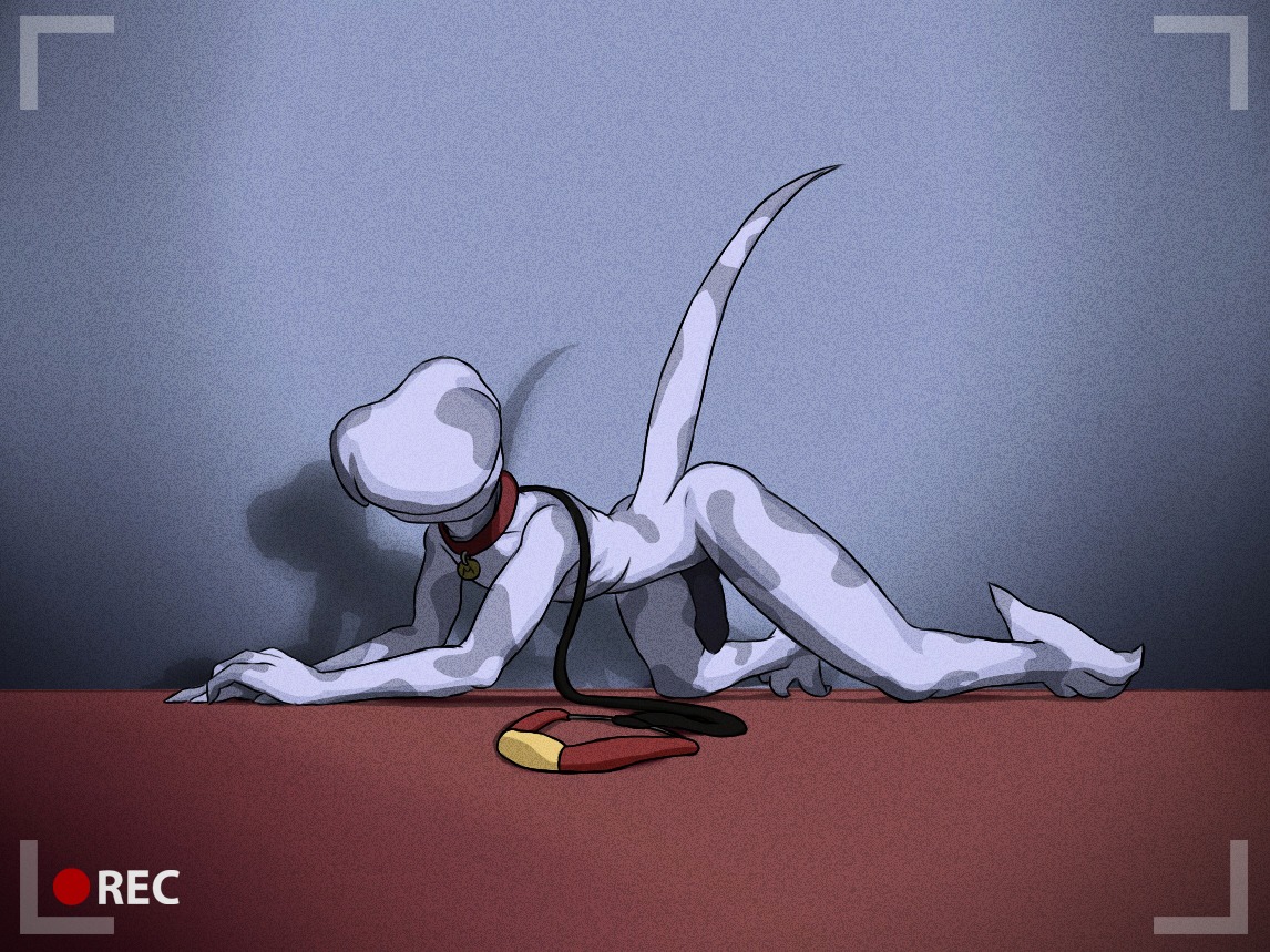 3_toes 4_fingers alien all_fours camera collar dokri e621 erection faceless feet fingers genitals long_tail male markings name_tag nude penis petresko recording skinny solo spots spotted_body spotted_skin tail toes