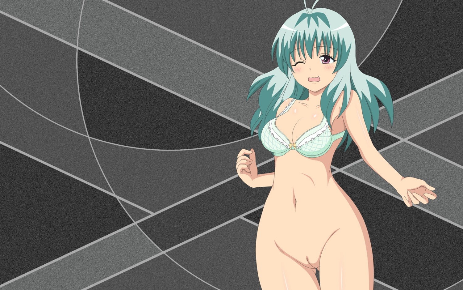 blush bra breasts female green_hair highres lingerie long_hair medium_breasts official_art one_eye_closed pussy rule34 run_elsie_jewelria solo to_love-ru uncensored underwear wallpaper