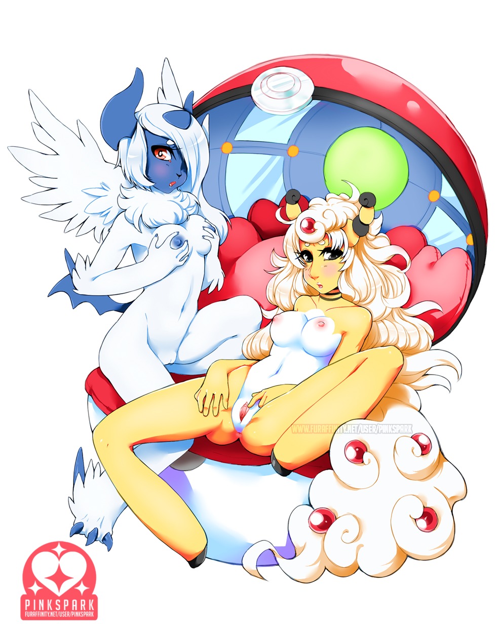 2013 anthro anthrofied anus blush breasts duo e621 female generation_6_pokemon genitals hair hi_res in_pokeball mega_absol mega_ampharos mega_evolution neck_tuft nintendo nipples nude open_mouth pinkspark pokeball pokemon pokemon_(species) pokemorph spread_legs spreading standard_pokeball tuft vulva yellow_body yellow_skin