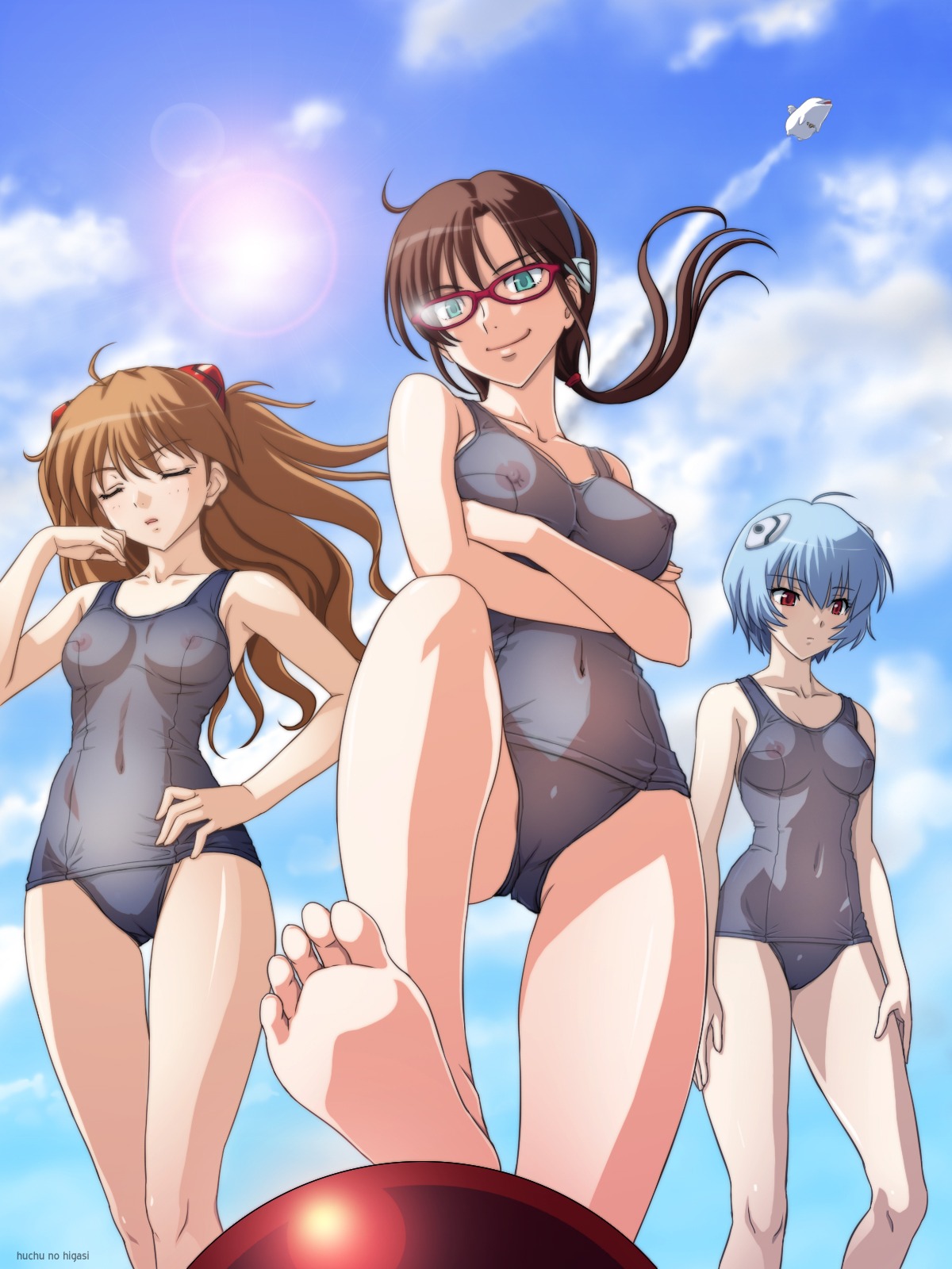 3girls art artist_request asuka_langley_sohryu blue_hair breasts brown_hair female glasses human light-skinned_female light_skin long_hair mari_illustrious_makinami medium_breasts neon_genesis_evangelion one-piece_swimsuit rebuild_of_evangelion rei_ayanami rule34 see-through see-through_swimsuit short_hair small_breasts swimsuit tagme