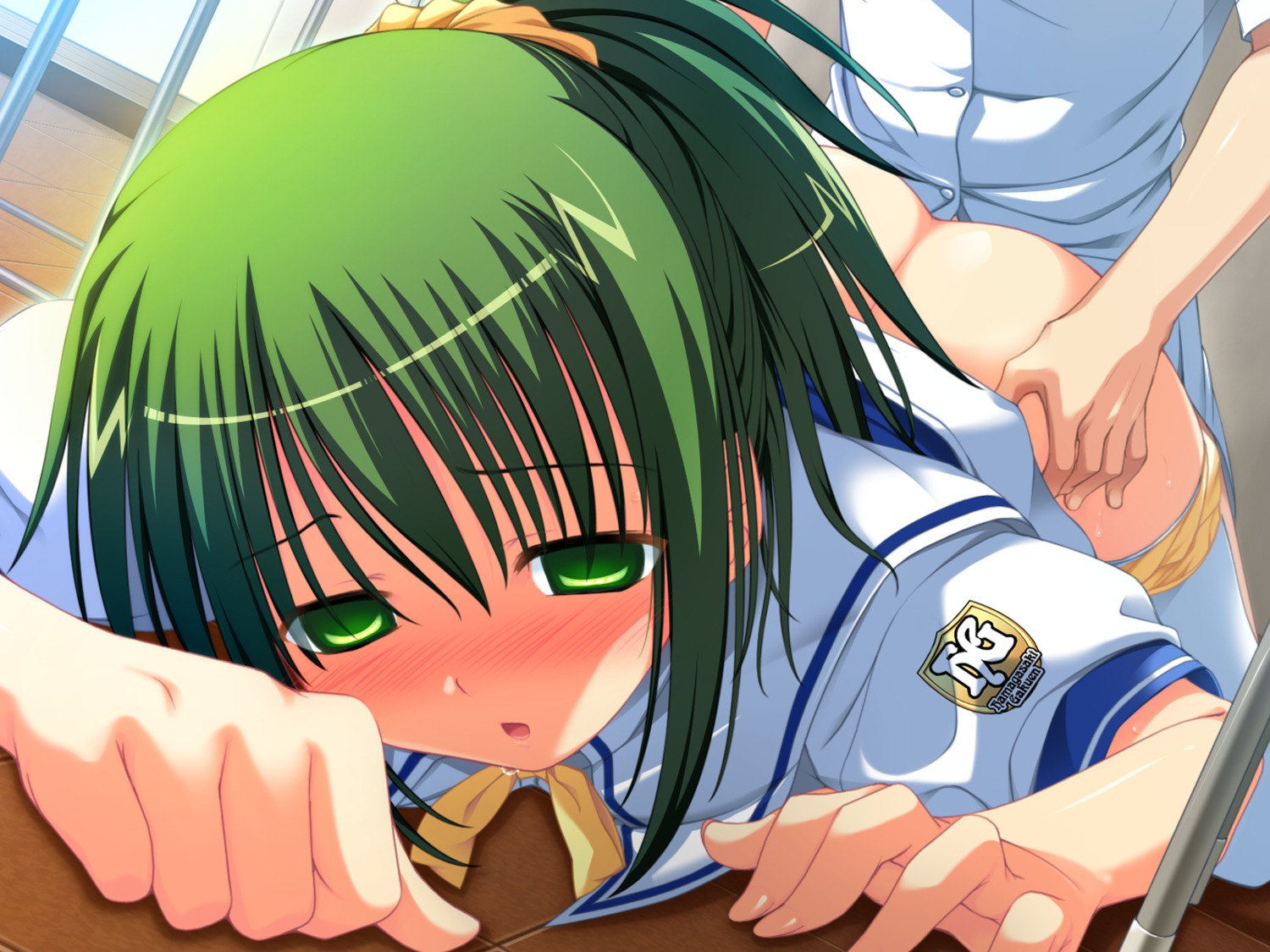 ass bent_over blush clothed_sex clothing doggy_style empty_eyes female game_cg green_eyes green_hair high_resolution hoshizuki_akira mind_control panty_pull ponytail rule34 school_uniform seifuku sex soushinjutsu_3 soushinjutsu_rei soushinjutsu_zero thighhighs tied_hair yukirin