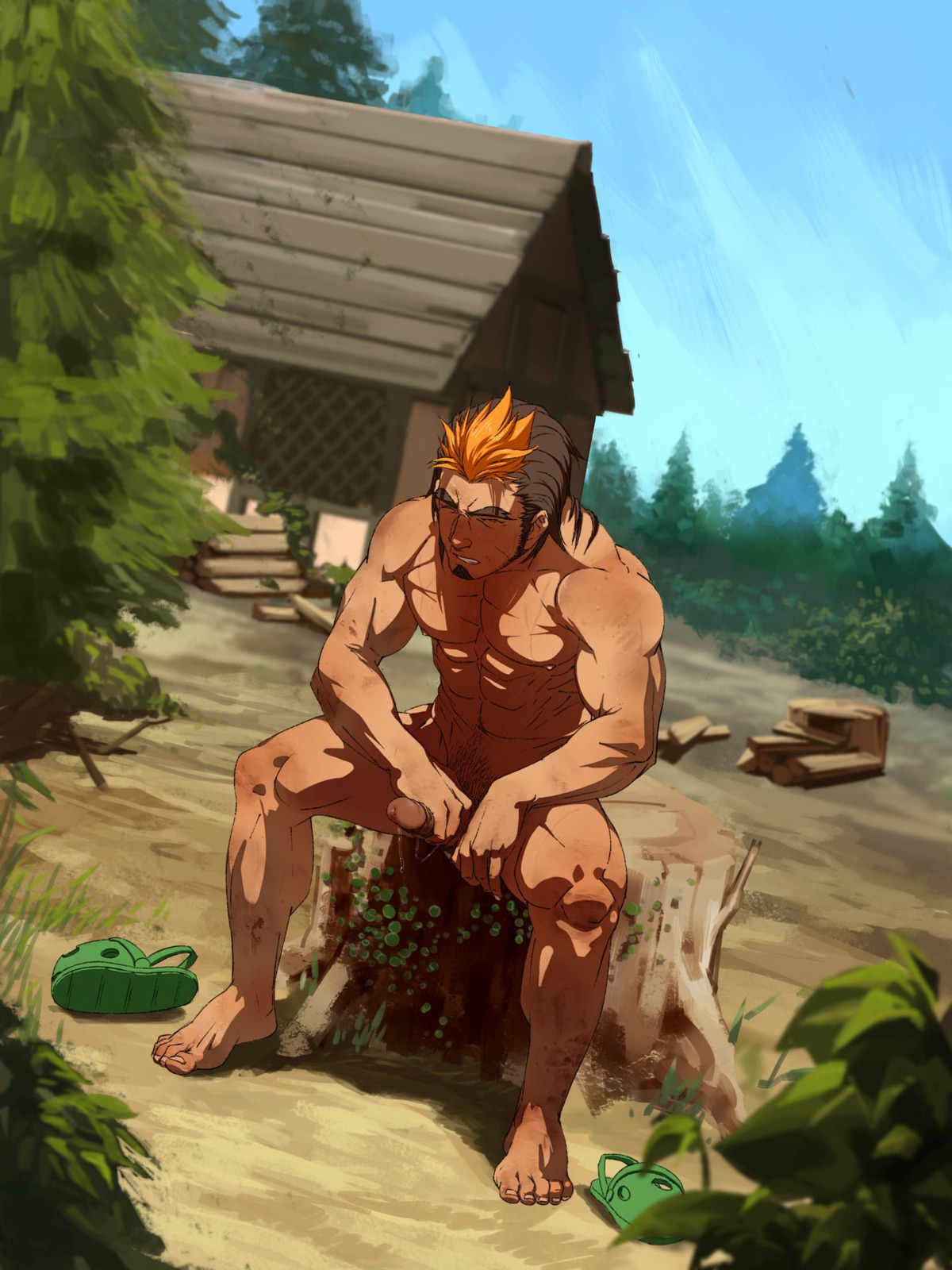 1boy bara barefoot blonde_hair brown_hair casual crocs cum facial_hair feet goatee highres hijikata_raiden human hyincn inazuma_eleven inazuma_eleven_(series) inazuma_eleven_go male male_only masturbation multicolored_hair muscles nude orange_hair penis precum raiden_hijikata reverse_grip rule34 sky solo tree two-tone_hair uncensored yaoi