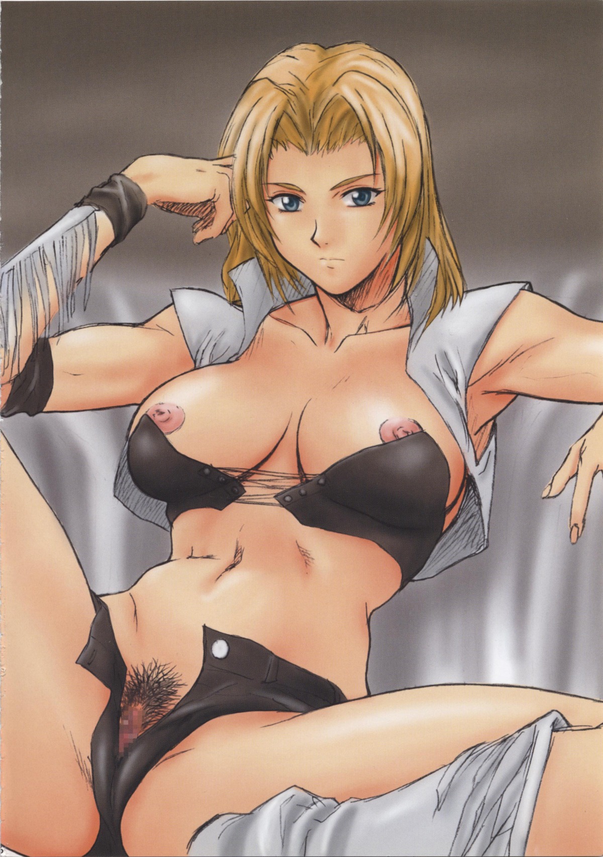 blonde_hair blue_eyes breasts censored dead_or_alive female female_only high_resolution human large_breasts midriff navel nipple_slip nipples pretty_well pubic_hair pussy rule34 short_hair solo spread_legs tina_armstrong unbuttoned wristband