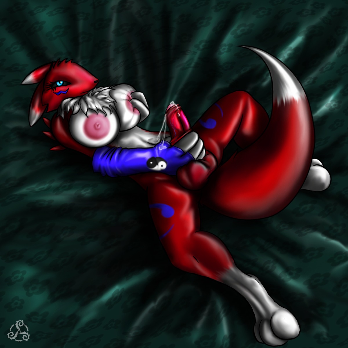 1:1 2010 3_toes alternate_color anthro armwear balls bandai_namco big_breasts biped black_sclera blue_eyes blue_markings bodily_fluids breasts bridal_gauntlets canid canine chest_tuft clothing cum digimon digimon_(species) digitigrade e621 erection facial_markings fan_character feet foreskin genital_fluids genitals gynomorph hair head_markings hi_res hindpaw humanoid_genitalia humanoid_penis intersex lina_(seisuke) lying mammal markings masturbation mostly_nude mostly_nude_anthro mostly_nude_gynomorph mostly_nude_intersex nipples on_back partially_retracted_foreskin paws penile penile_masturbation penis red_body renamon seisuke solo spread_legs spreading tail taliesin-the-dragoon toes tuft