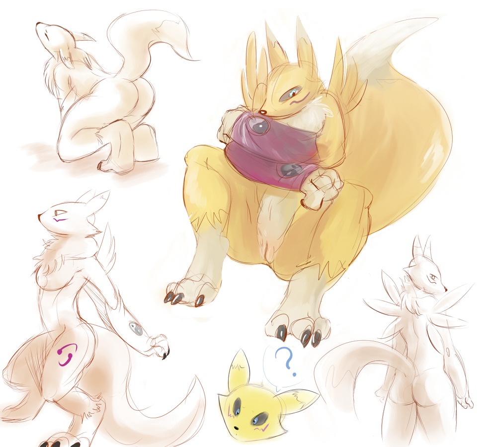 anthro canine color digimon digimon_(species) female female_only fox fur furry larvitar multiple_views nude pussy renamon rule34 solo tagme vulva