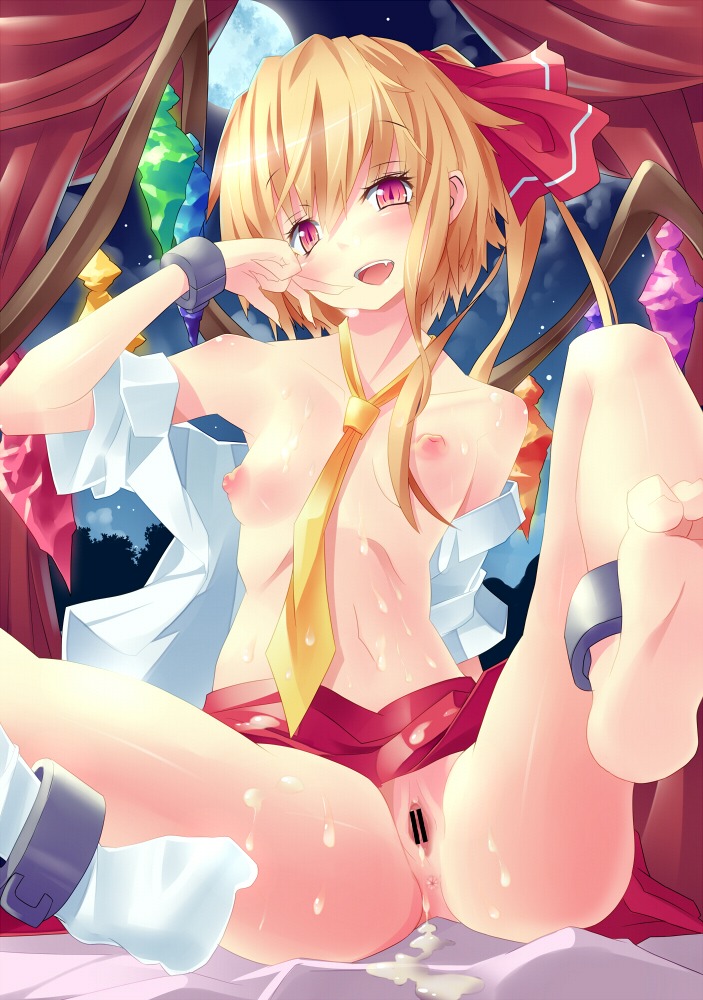 1girls after_sex anus ass blush censored cum cum_inside cum_on_body cum_on_clothes cum_pool cumdrip cute_fang female flandre_scarlet full_moon mikan_(bananoha) nipples open_mouth pussy red_eyes rule34 single_sock slit_pupils solo touhou