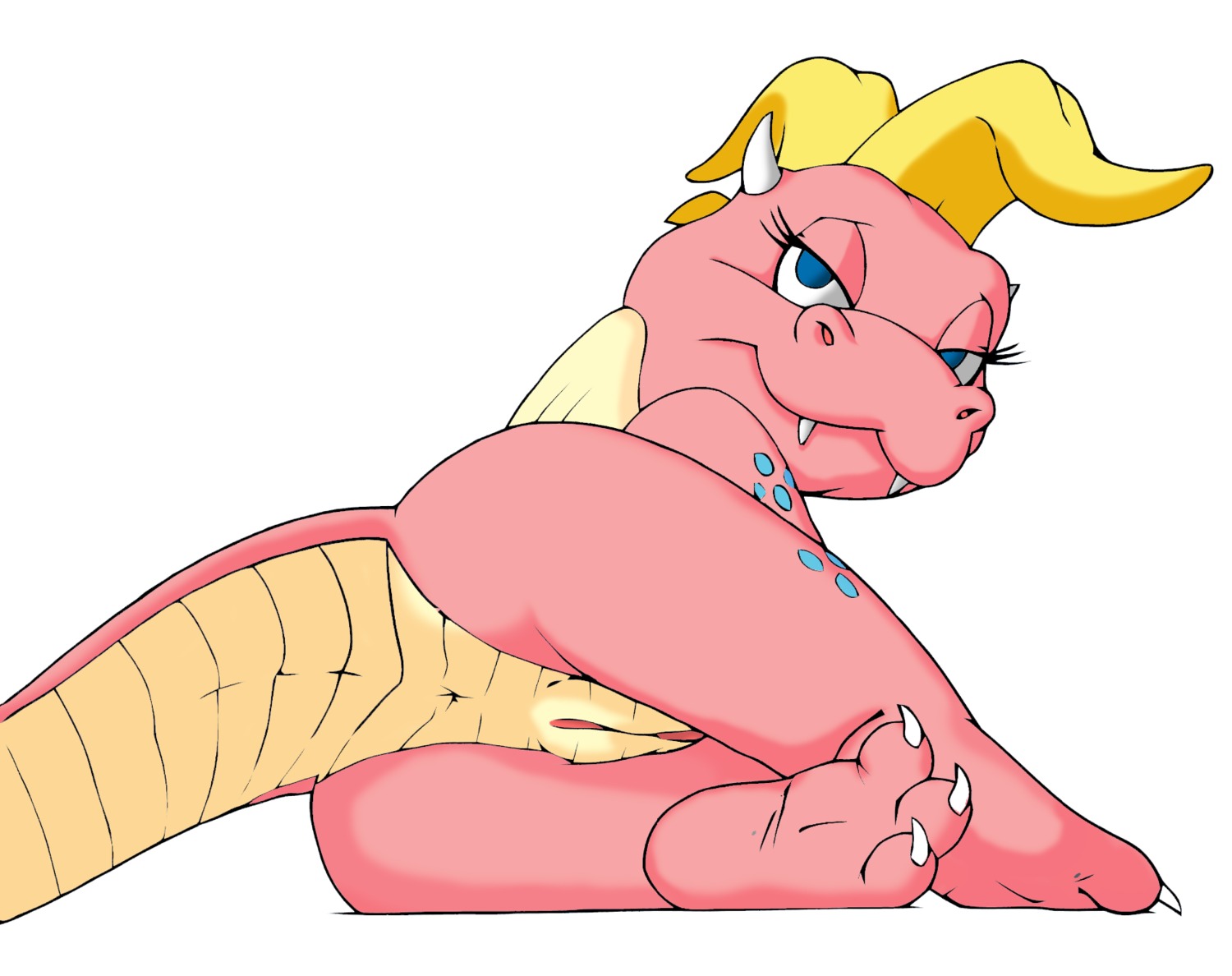 3_toes anthro anus biped blue_eyes butt cassie_(dragon_tales) claws desiree_lee dragon dragon_tales e621 fangs feet female genitals hi_res hindpaw looking_at_viewer lying mythological_creature mythological_scalie mythology nude paws pbs pink_body pinup pose presenting presenting_hindquarters scalie simple_background soles solo tail teeth toes vulva white_background young young_anthro