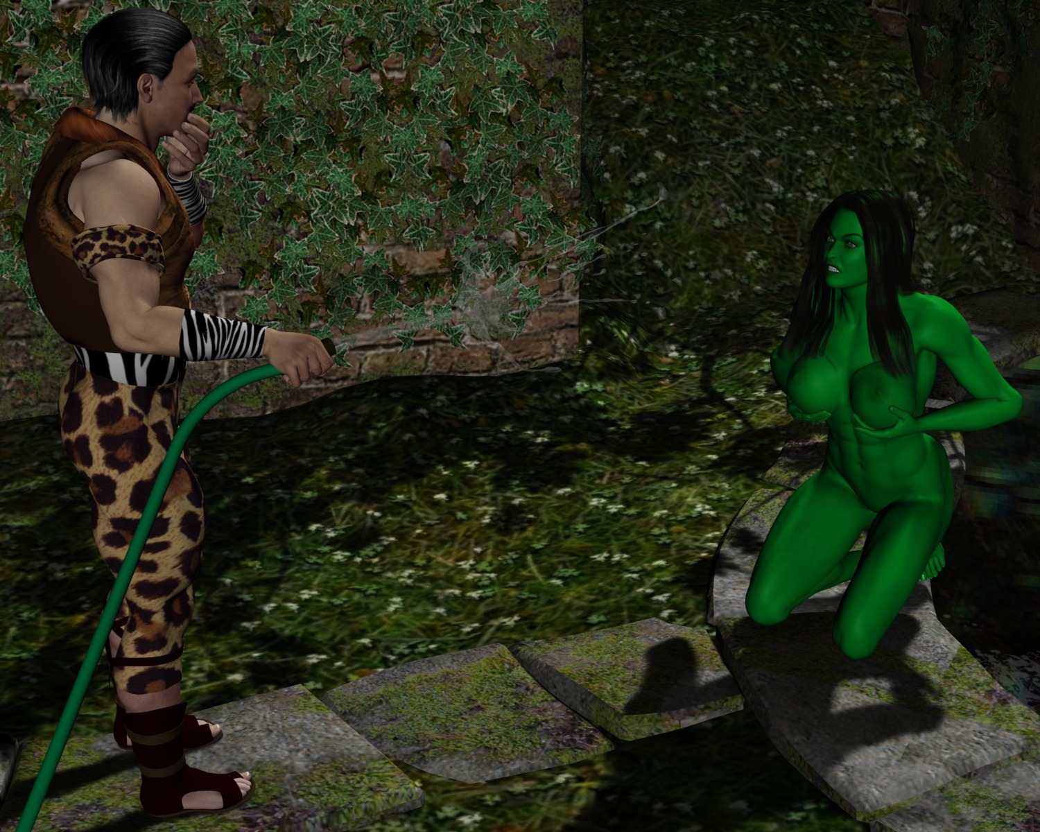 1boy 1girls 3d female green_skin kraven_the_hunter male marvel marvel_comics rule34 she-hulk spider-man_(series)