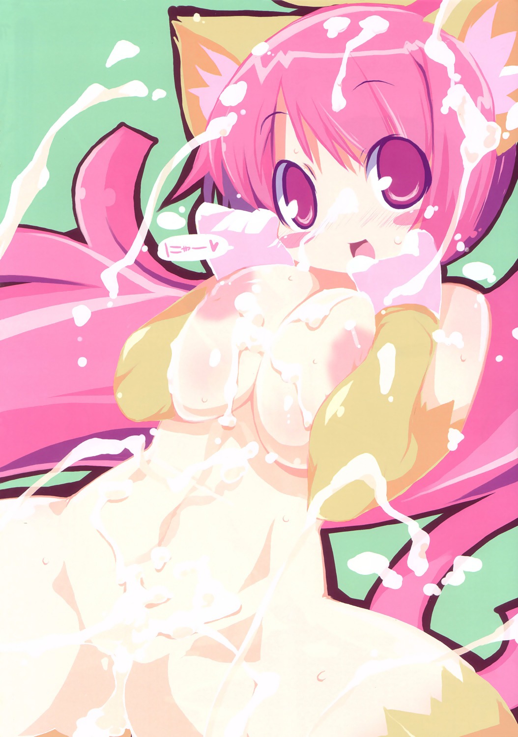 abstract_background animal_humanoid asian_mythology blush bodily_fluids breasts bukkake cat_humanoid cum cum_from_offscreen disgaea e621 east_asian_mythology felid felid_humanoid feline feline_humanoid female genital_fluids hair heart_after_text heart_symbol hi_res humanoid japanese_mythology mammal mammal_humanoid mythology nekomata nekomata_(disgaea) nipples nippon_ichi_software red_hair simple_background solo text text_with_heart yokai zankuro