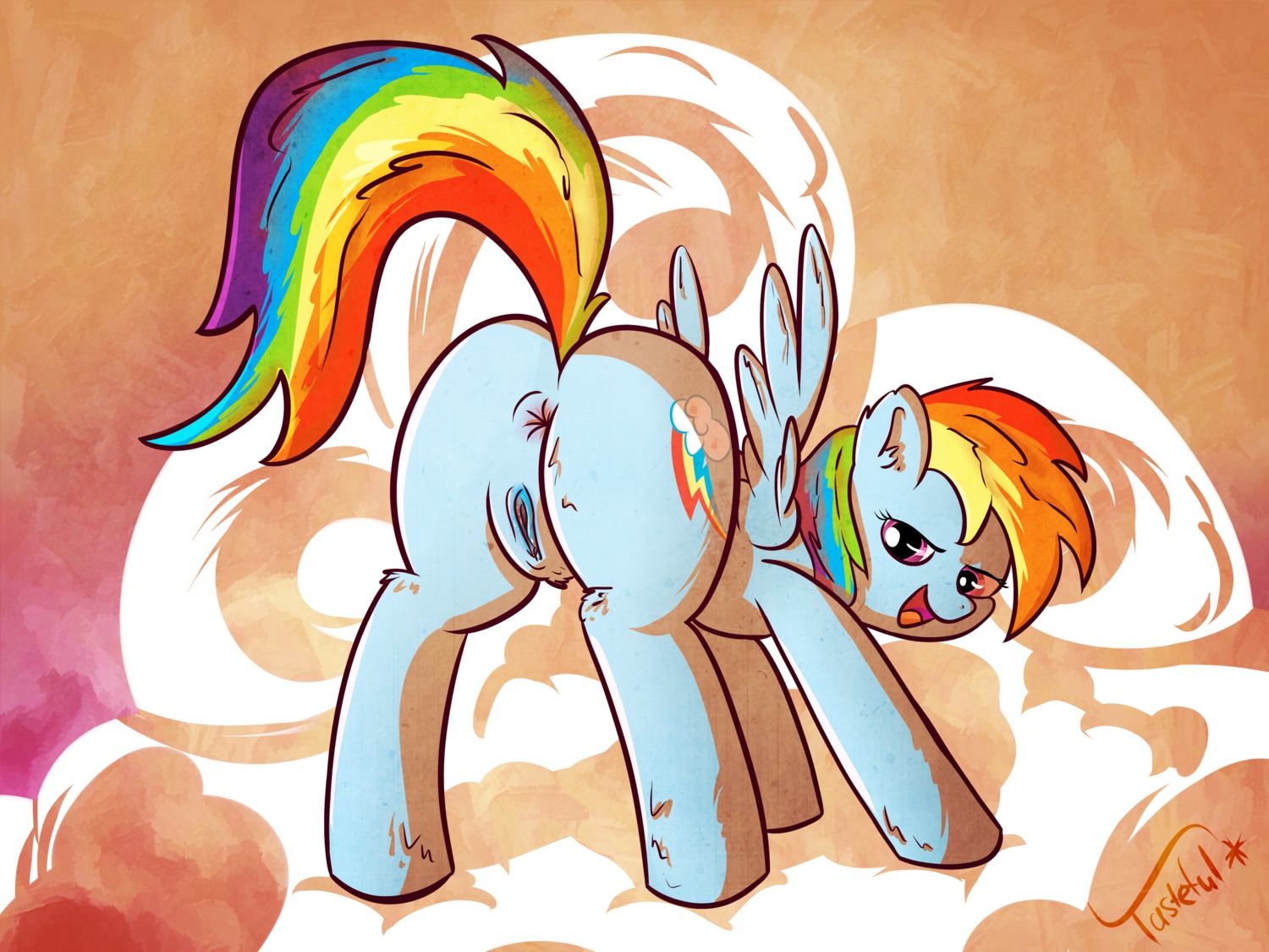 4:3 absurd_res anus blue_body blue_feathers blue_fur butt cutie_mark e621 equid equine feathered_wings feathers female feral friendship_is_magic fur genitals hair hasbro hi_res looking_at_viewer looking_back mammal multicolored_hair multicolored_tail my_little_pony mythological_creature mythological_equine mythology nude open_mouth pegasus presenting presenting_hindquarters presenting_vulva rainbow_dash_(mlp) rainbow_hair rainbow_tail solo tail tasteful-clopper vulva wings