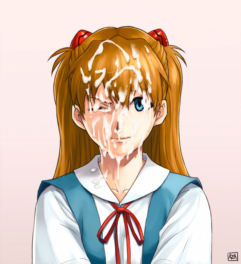 asuka_langley_sohryu azasuke blue_eyes bukkake clothing cum cum_on_hair facial female naughty_face neon_genesis_evangelion orange_hair rule34 school_uniform smile uniform wink