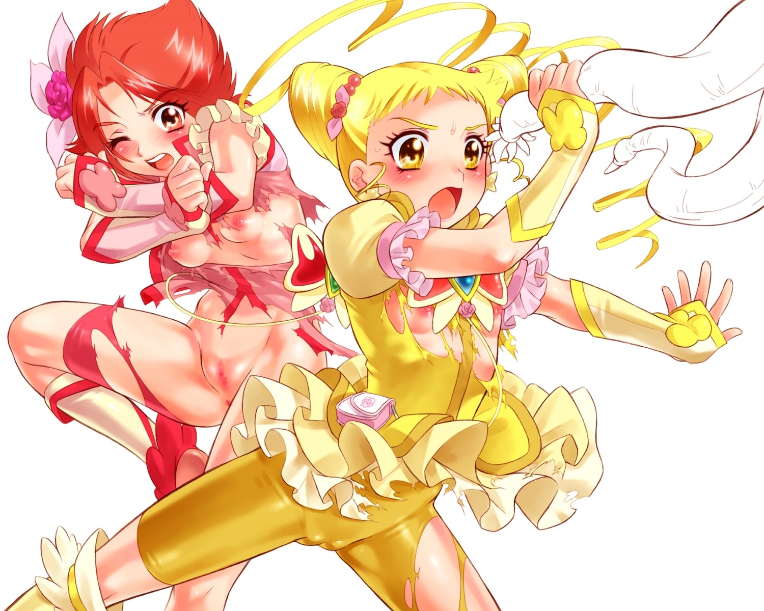 blush breasts censored clothing cure_lemonade cure_rouge female flat_chest magical_girl nekozawa_yukari precure pretty_cure rin_natsuki rule34 shorts sippo-soft small_breasts tagme tentacle torn_clothes urara_kasugano white_background