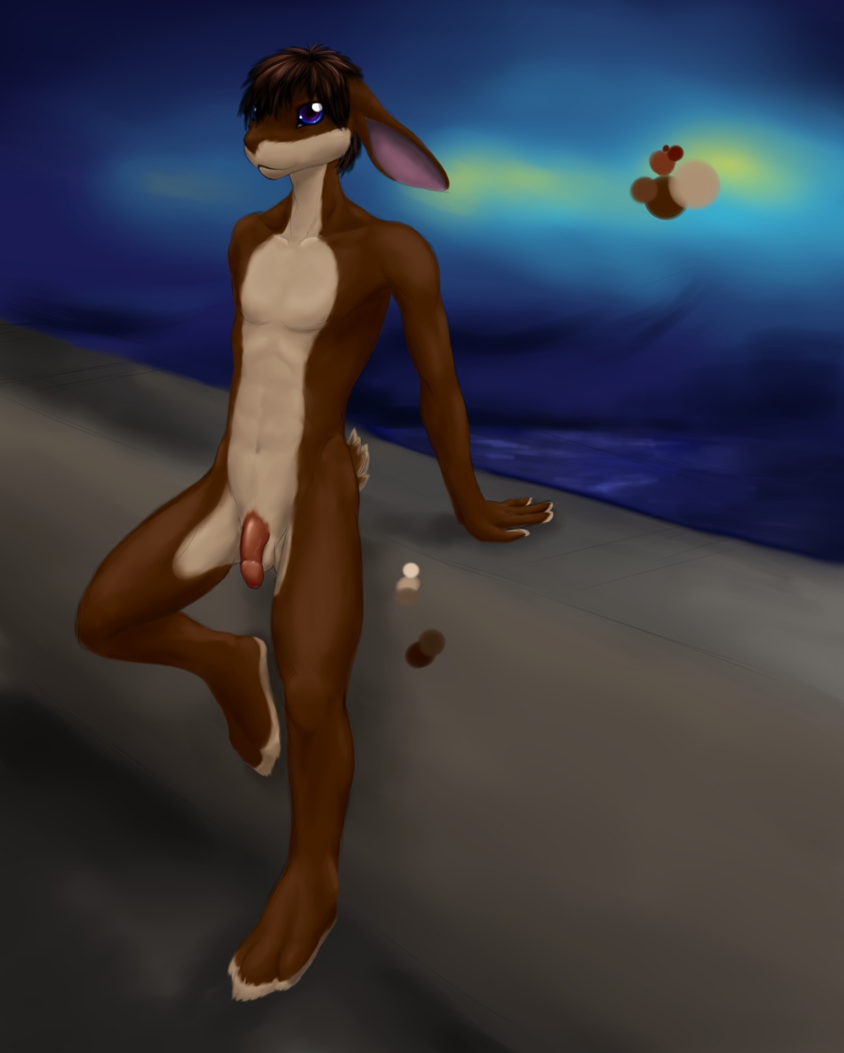 3_toes 4_fingers anthro balls biped blue_eyes brown_body brown_fur brown_hair color_swatch detailed_background e621 feet fingers flaccid fur genitals hair hi_res kampfisken lagomorph leporid long_ears male mammal nude on_one_leg outside penis public public_nudity rabbit relaxing short_hair sky solo standing tan_body tan_fur toes water