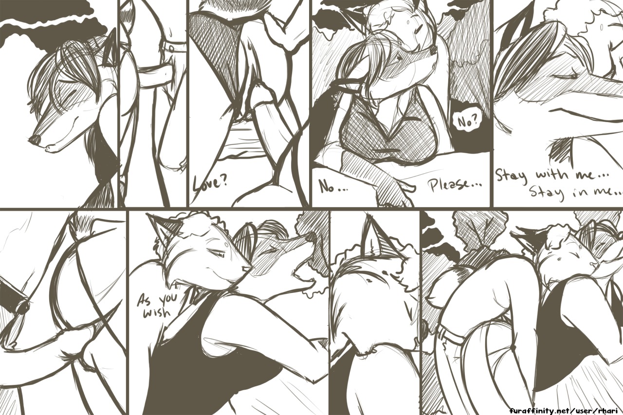 2012 anthro bent_over bite bottomwear canid canine clothing comic cuddling dialogue duo e621 english_text erection felid feline female fever_low forest fox genitals greyscale hair hybrid internal love lying lynx male male/female mammal monochrome outside pants penis plant procyonid public raccoon rhari sepia sex text tree vulva