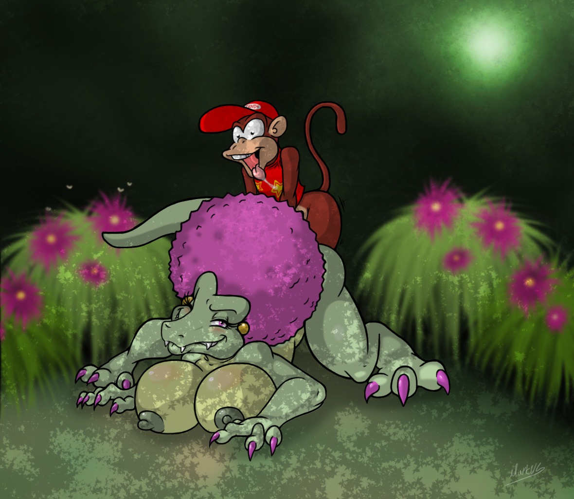 1boy 1girls afro anthro baseball_cap big_breasts breasts claws color diddy_kong donkey_kong_(series) female furry implied_sex interspecies kalypso kong kremling lordstevie male nintendo pink_hair pussy rule34 scalie sex straight tail toony vaginal_penetration