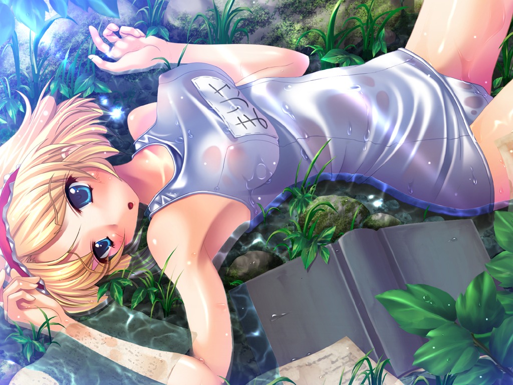 alice_margatroid armpits blonde_hair blue_eyes blush book female female_only hairband human ichio lying nipples one-piece_swimsuit ribbon ribbons rule34 school_swimsuit see-through short_hair solo swimsuit touhou translated water wet white_school_swimsuit