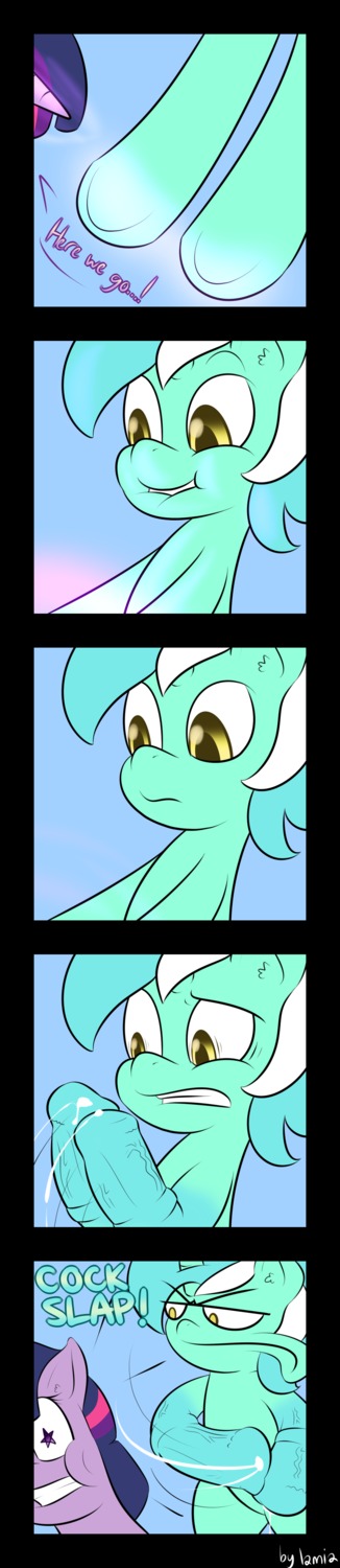 absurd_res angry animal_genitalia animal_penis bodily_fluids cockslap comic digital_media_(artwork) duo e621 english_text equid equine equine_genitalia equine_penis erection female feral friendship_is_magic frown fur genital_fluids genitals hair hasbro hi_res horn lamiaaaa long_image lyra_heartstrings_(mlp) male mammal multicolored_hair my_little_pony mythological_creature mythological_equine mythology penis precum purple_body purple_eyes purple_fur purple_hair slap smile tall_image text twilight_sparkle_(mlp) two_tone_hair unicorn yellow_eyes