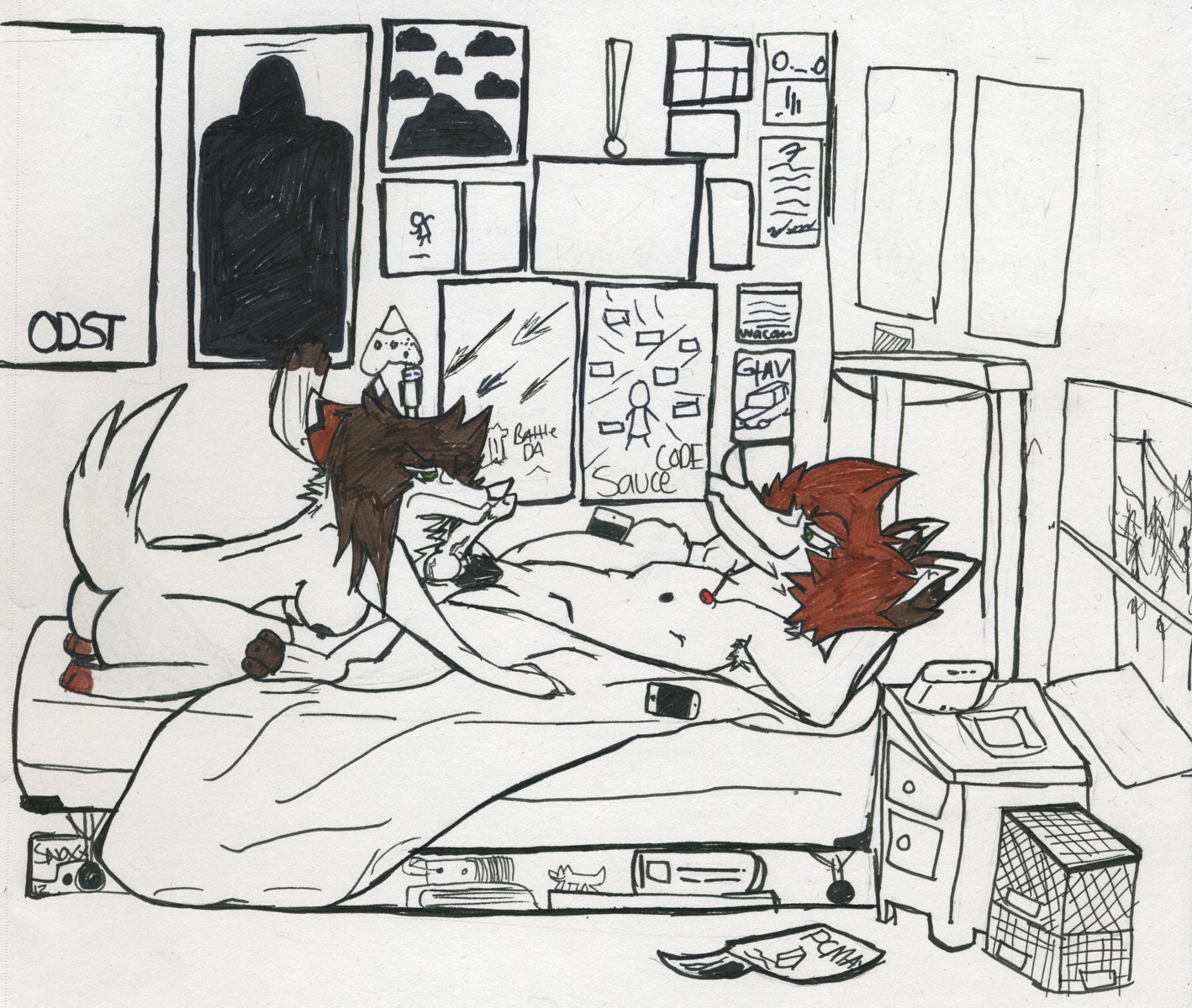 anthro armpit_hair bed bedroom big_breasts body_hair breasts canid canine canis chivez duo e621 erection female fox furniture genitals girl_chivez hi_res hybrid jewelry knot luxorslopski male mammal necklace nude penis spot_color tail wolf