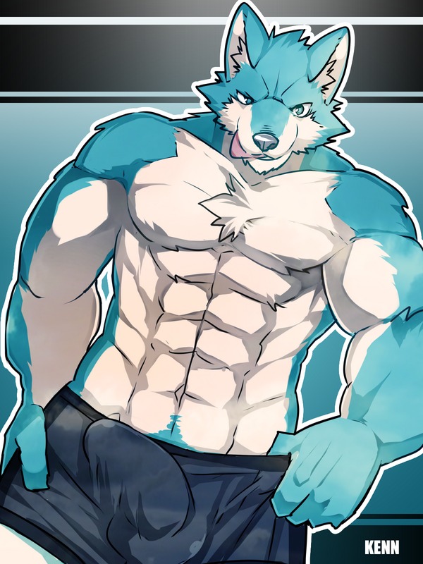 2014 3:4 abs anthro biceps big_muscles blue_body blue_eyes blue_fur bulge canid canine canis chest_tuft clothing detailed_bulge e621 fur genital_outline grin kenn looking_at_viewer male mammal muscular muscular_anthro muscular_male pecs penis_outline simple_background smile solo text tongue tongue_out tuft underwear white_body white_fur wolf