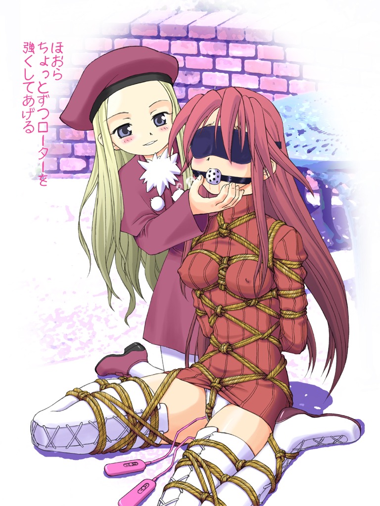 ball_gag beret blindfold blonde_hair blue_eyes blush bondage breast_bondage breasts chin_grab crotch_rope female femdom gag gagged hat hishinawa_shibari matanawa multiple_females multiple_girls panties rule34 saliva spark_utamaro underwear vibrator yuri