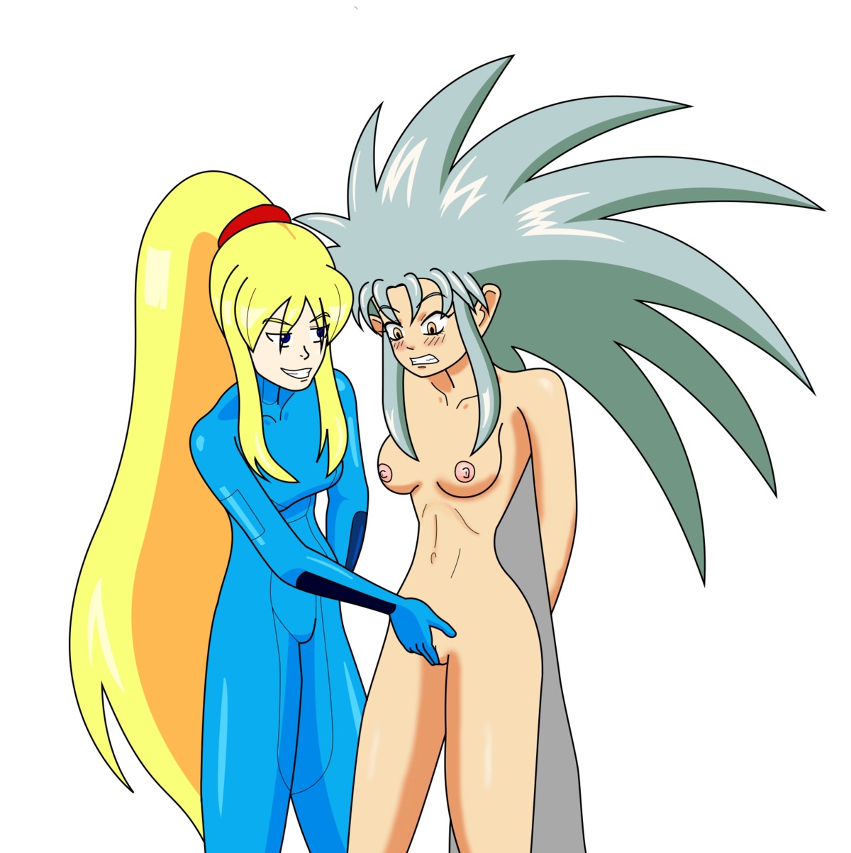 2girls bodysuit breasts crossover female female_only fingering_partner human humanoid long_hair megatronman metroid multiple_females multiple_girls nintendo rule34 ryoko_hakubi samus_aran tenchi_muyo! yuri zero_suit