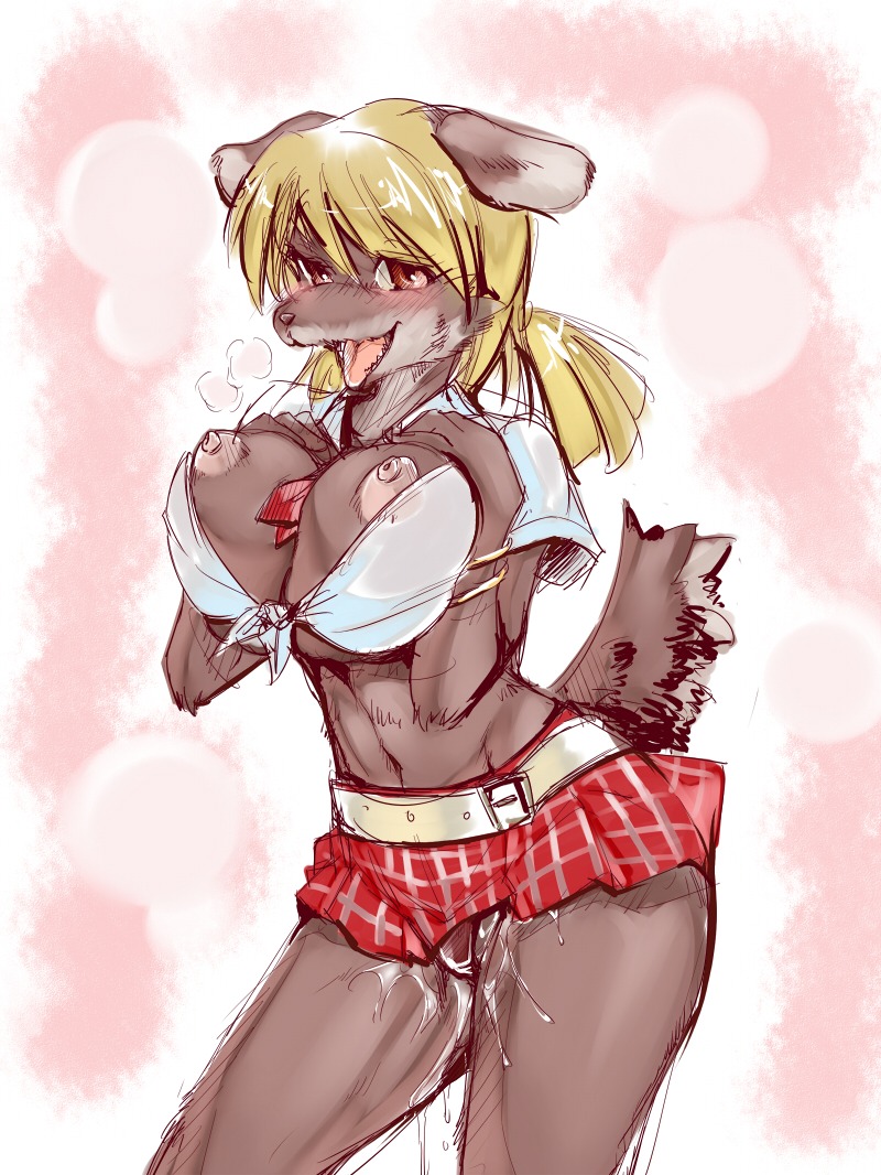 accessory anthro belt big_breasts biped blonde_hair blush bodily_fluids bottomwear breasts canid canine clothing cum dripping e621 female genital_fluids hair mammal naughty_face necktie nipples panties seductive shaolin_bones skirt solo standing underwear vaginal_fluids