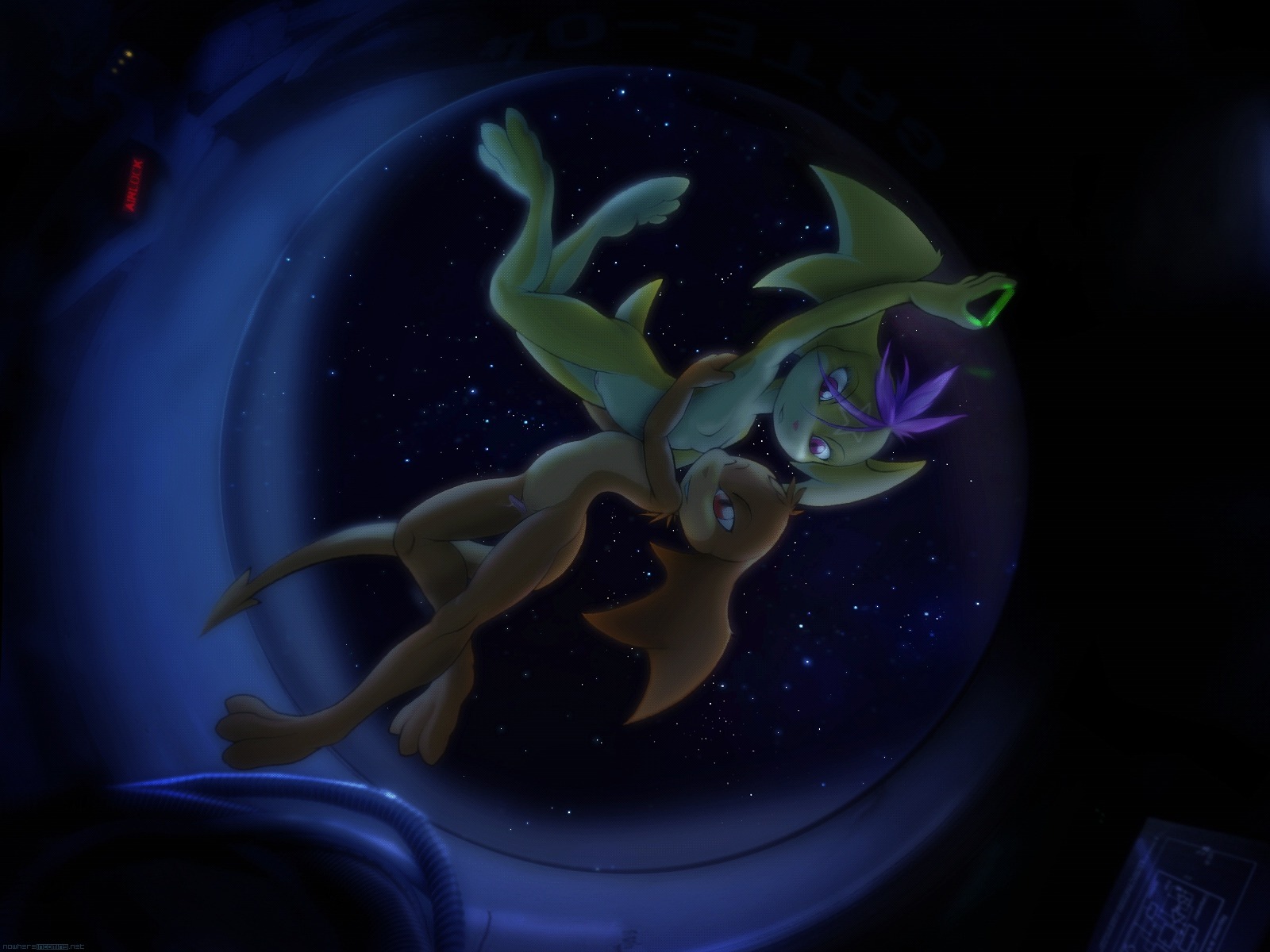4:3 anthro bodily_fluids breasts darkdoomer duo e621 female flying genital_fluids genitals glowstick hi_res hug hugging_another male male/female nude patachu penis precum small_breasts space tail wallpaper young young_anthro zero_gravity
