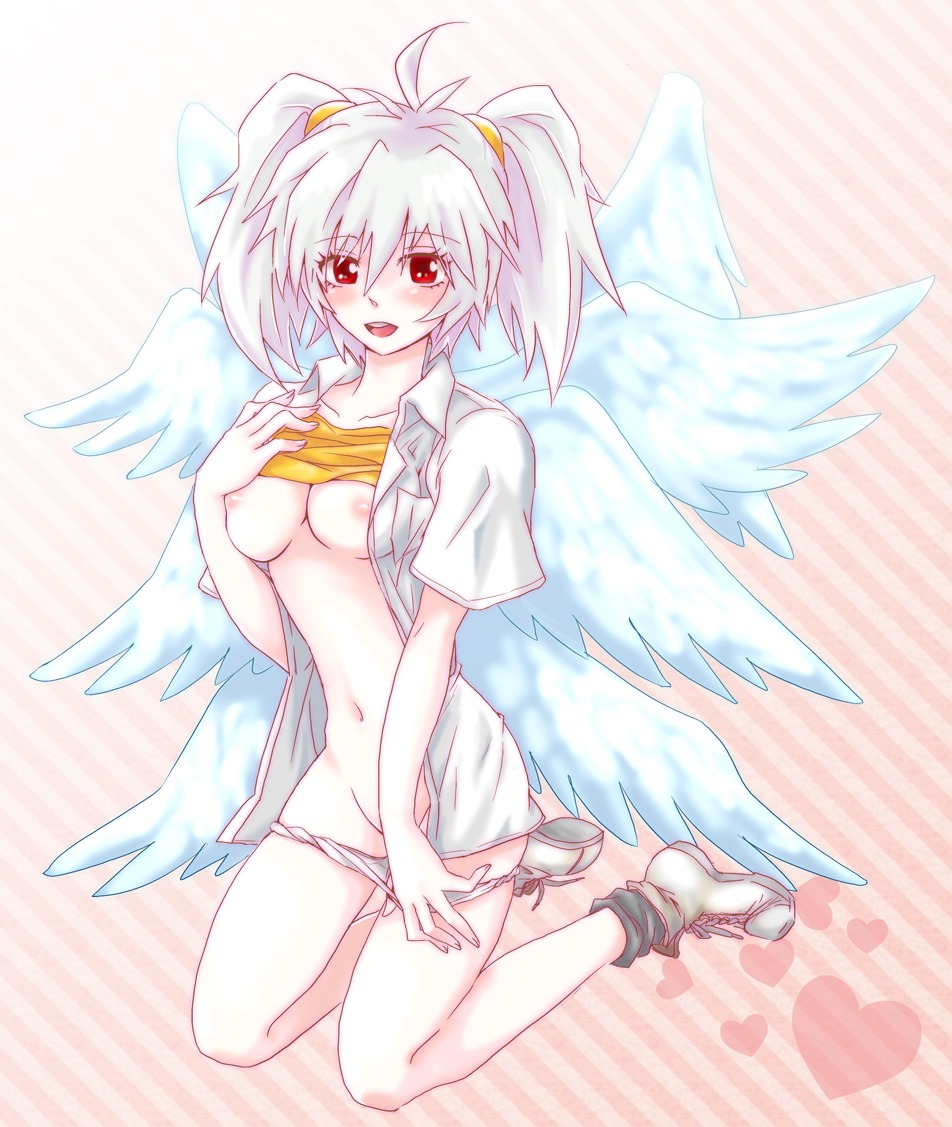 1girls angel angel_(evangelion) angel_wings artist_request blush breasts clothing curvy female genderswap genderswap_(mtf) grey_hair hips humanoid kaworu_nagisa large_breasts light-skinned_female light_skin long_hair medium_breasts neon_genesis_evangelion nipples open_clothes pale-skinned_female pale_skin panties panty_pull red_eyes rule34 rule_63 shirt slender_waist solo tabris-xx twintails undressing wings
