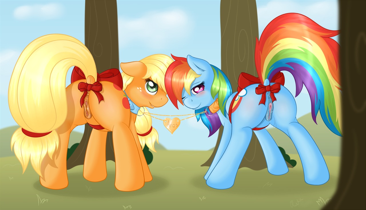 2012 accessory anatomically_correct anatomically_correct_genitalia anatomically_correct_vulva animal_genitalia animal_vulva anus applejack_(mlp) blonde_hair blue_body blue_feathers blue_fur blush bodily_fluids bow_(feature) bow_accessory bow_ribbon butt cloud collar cutie_mark digital_media_(artwork) duo e621 earth_pony equid equine equine_genitalia equine_vulva feathered_wings feathers female feral freckles friendship_is_magic fur furgonomics genital_fluids genitals green_eyes hair hasbro heart_symbol horse looking_at_viewer looking_back mammal multicolored_hair multicolored_tail my_little_pony mythological_creature mythological_equine mythology outside pegasus plant pony presenting presenting_hindquarters presenting_vulva purple_eyes rainbow_dash_(mlp) rainbow_hair rainbow_tail ratofdrawn ribbons sky tail tail_accessory tail_bow tail_ribbon tree vaginal_fluids vulva wings