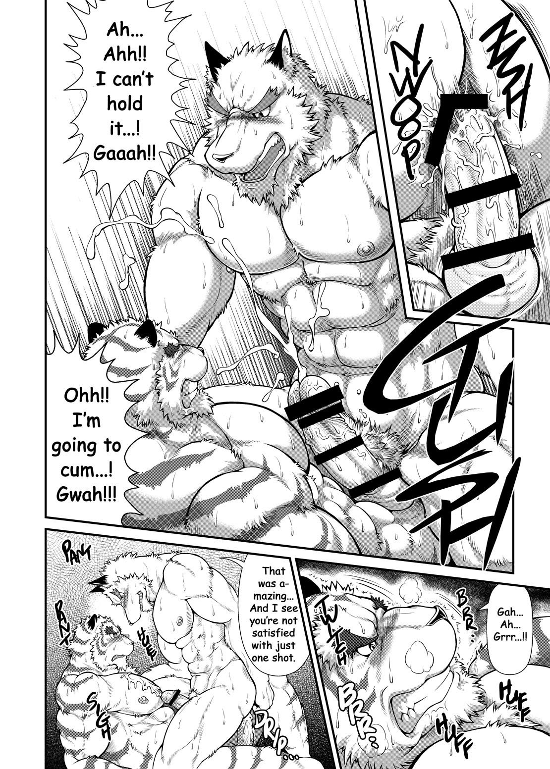 anal anal_penetration anthro anthro_on_anthro bodily_fluids canid canine canis comic cum dialogue duo e621 english_text erection felid genital_fluids genitals greyscale hi_res humanoid_genitalia humanoid_penis jin_(artist) male male/male male_penetrated male_penetrating male_penetrating_male mammal monochrome multiple_scenes muscular muscular_male pantherine penetration penis sex text tiger translated wolf
