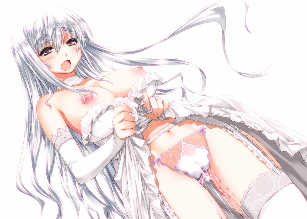 1girls alric blush boku_no_party_ga_shuraba_sugite_sekai_ga_sukuenai breasts cameltoe dress elbow_gloves eyebrows female garter_straps gloves long_hair nipples open_mouth original panties peeing peeing_self pussy rule34 silver_eyes silver_hair simple_background skirt skirt_lift solo sweena thighhighs underwear wet_panties white_dress white_legwear