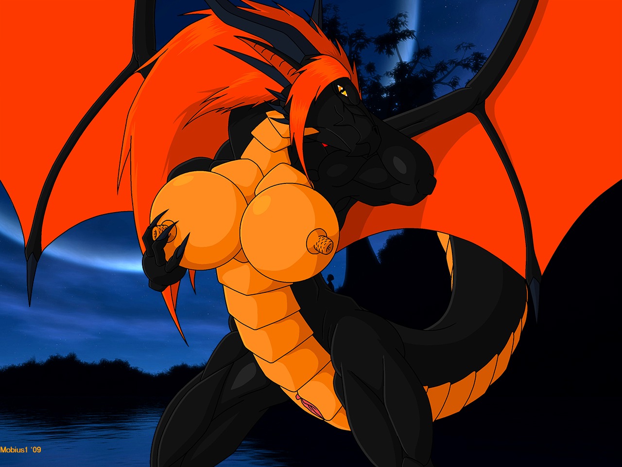 4:3 anthro bahamut_(final_fantasy) black_skin breasts claws closed_mouth color female female_only final_fantasy front_view hair hand_behind_head hand_on_breast horns long_hair mobius1 muscles night nipples open_eyes orange_eyes orange_nipples orange_skin outdoors pussy raised_tail red_hair rule34 rule_63 sky solo standing tail vulva water wings