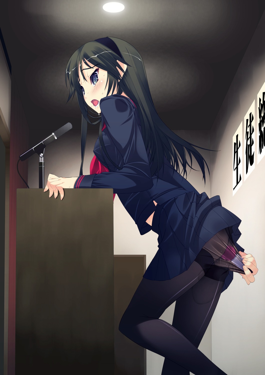 1girls ass black_hair black_legwear black_pantyhose blue_eyes blush bottomless_skirt clothed_masturbation clothing dildo discreet_vibrator f-ism female female_focus female_human female_only female_penetrated hairband highres human human_female human_focus human_only leaning leaning_forward long_hair masturbation microphone microphone_stand more_revealing_backside murakami_suigun no_panties open_mouth original pantyhose pleated_skirt public pussy pussy_juice rule34 school_uniform serafuku skirt skirt_lift solo solo_female solo_focus stealth_masturbation sweat tear vibrator