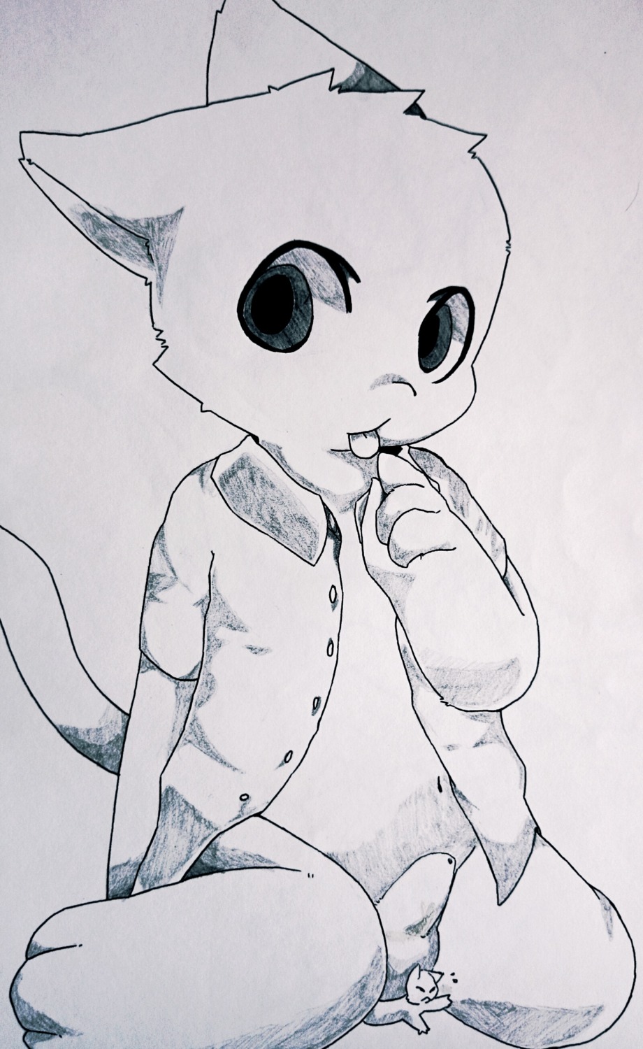absurd_res ambiguous_gender anthro bottomless clothed clothing domestic_cat duo e621 erection felid feline felis fingers foreskin genitals hi_res kuruitty larger_young looking_at_viewer macro male mammal micro monochrome penis sitting size_difference solo_focus tongue young young_anthro