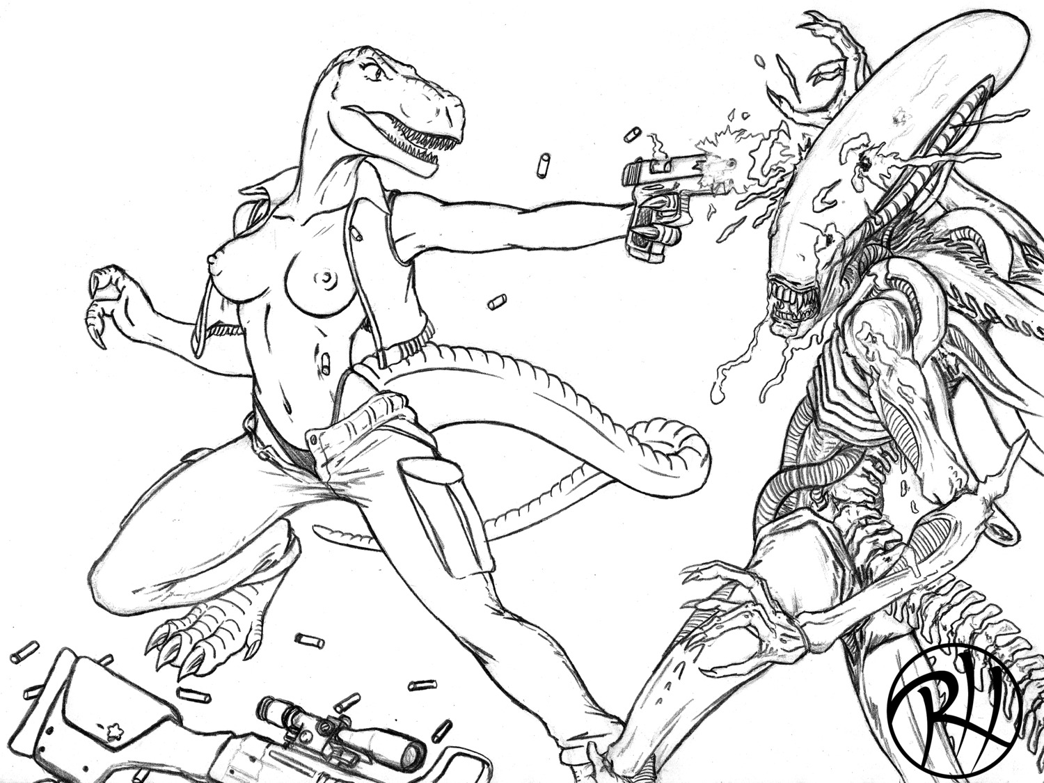 2012 absurd_res alien alien_(franchise) amora_the_t-rex anthro artist_logo blood bodily_fluids breasts death dinosaur duo e621 female gore greyscale gun handgun hi_res logo monochrome nipples non-mammal_breasts non-mammal_nipples pistol predaguy prehistoric_species psg-1 ranged_weapon reptile saurischian scalie sniper tail theropod tyrannosaurid tyrannosauroid tyrannosaurus tyrannosaurus_rex weapon xenomorph