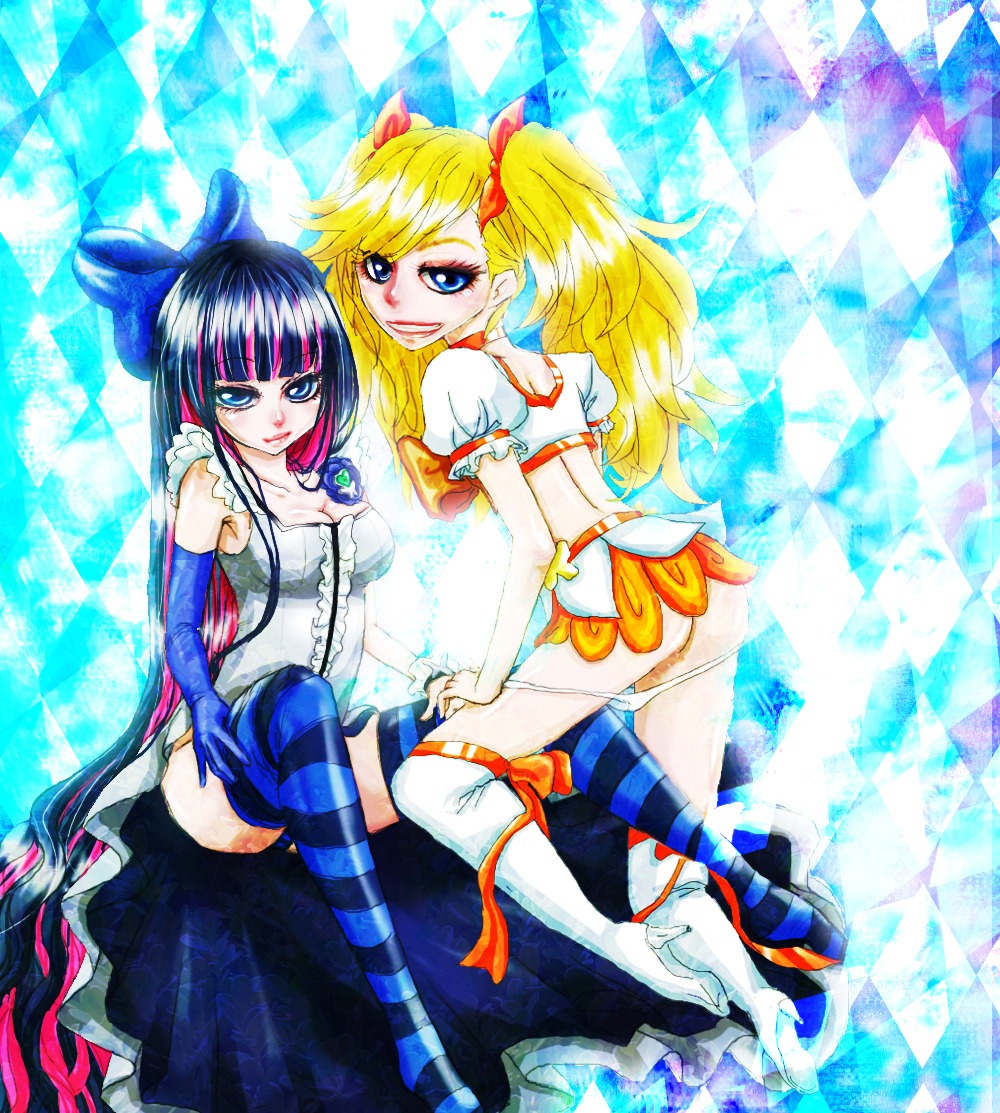 2girls ass breasts cleavage female female_only gothic_lolita multiple_females multiple_girls panties panty_&amp;_stocking_with_garterbelt panty_anarchy panty_pull rule34 siblings sisters smile stocking_anarchy twintails underwear