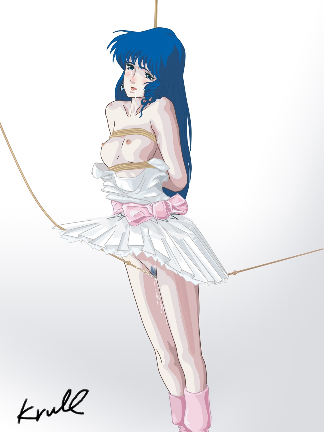 1girls blue_hair bondage breasts clothing dress earrings female human idol krull large_breasts light-skinned_female light_skin long_hair lynn_minmay macross nipples nude pubic_hair pussy rope rule34 small_breasts solo super_dimension_fortress_macross tied_up